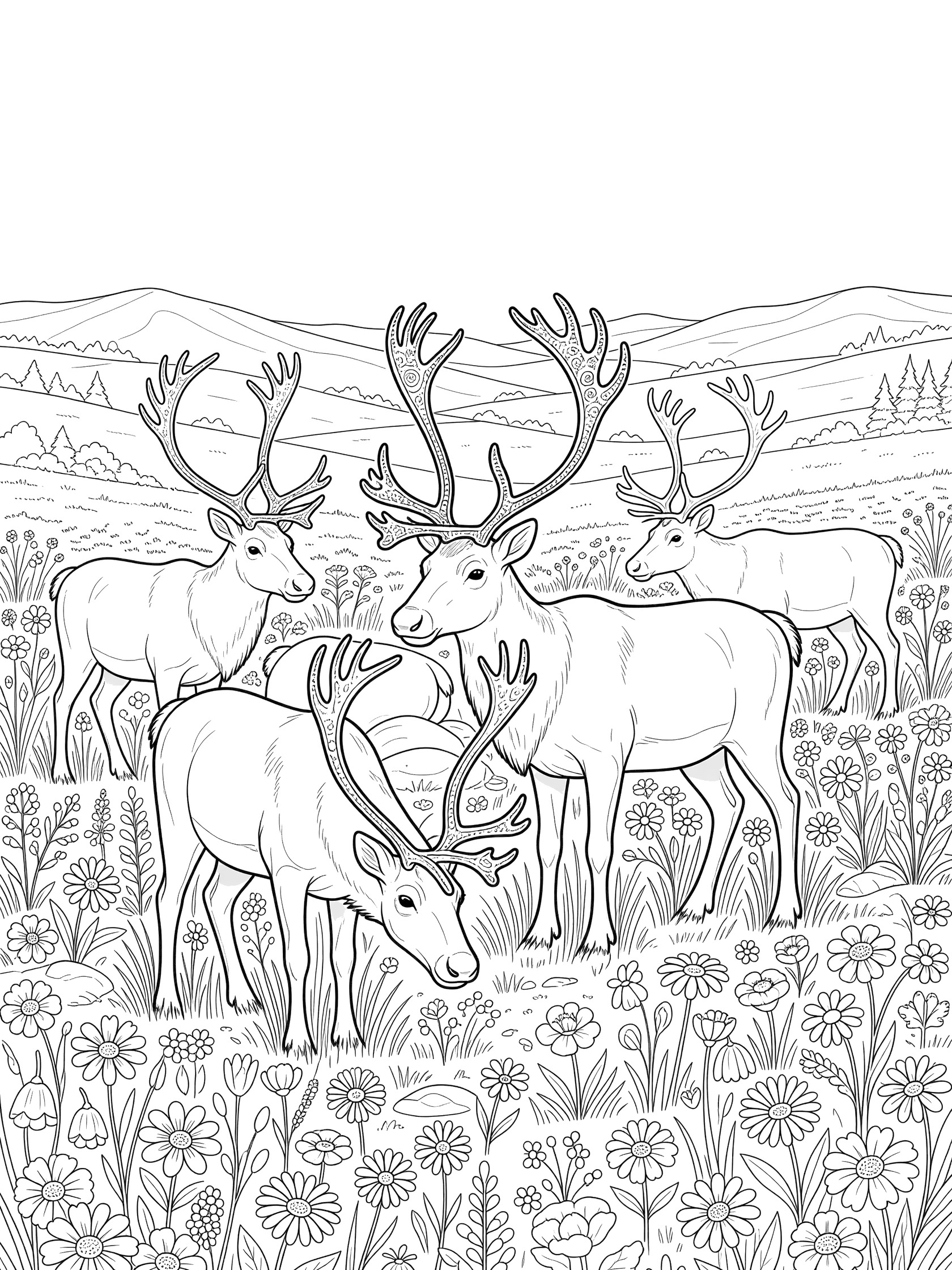 Black and white coloring page of several caribou with large antlers gathered in a meadow full of flowers, with hills and trees in the background.
