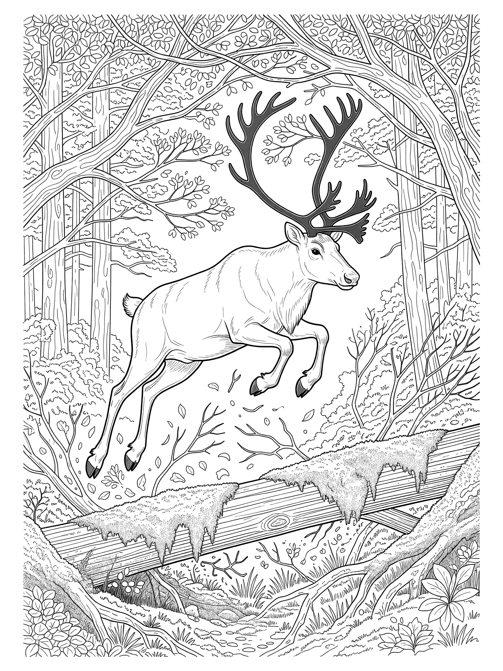 Black and white line art coloring page showing a caribou mid-jump over a mossy log surrounded by forest trees, branches, twigs and scattered leaves.