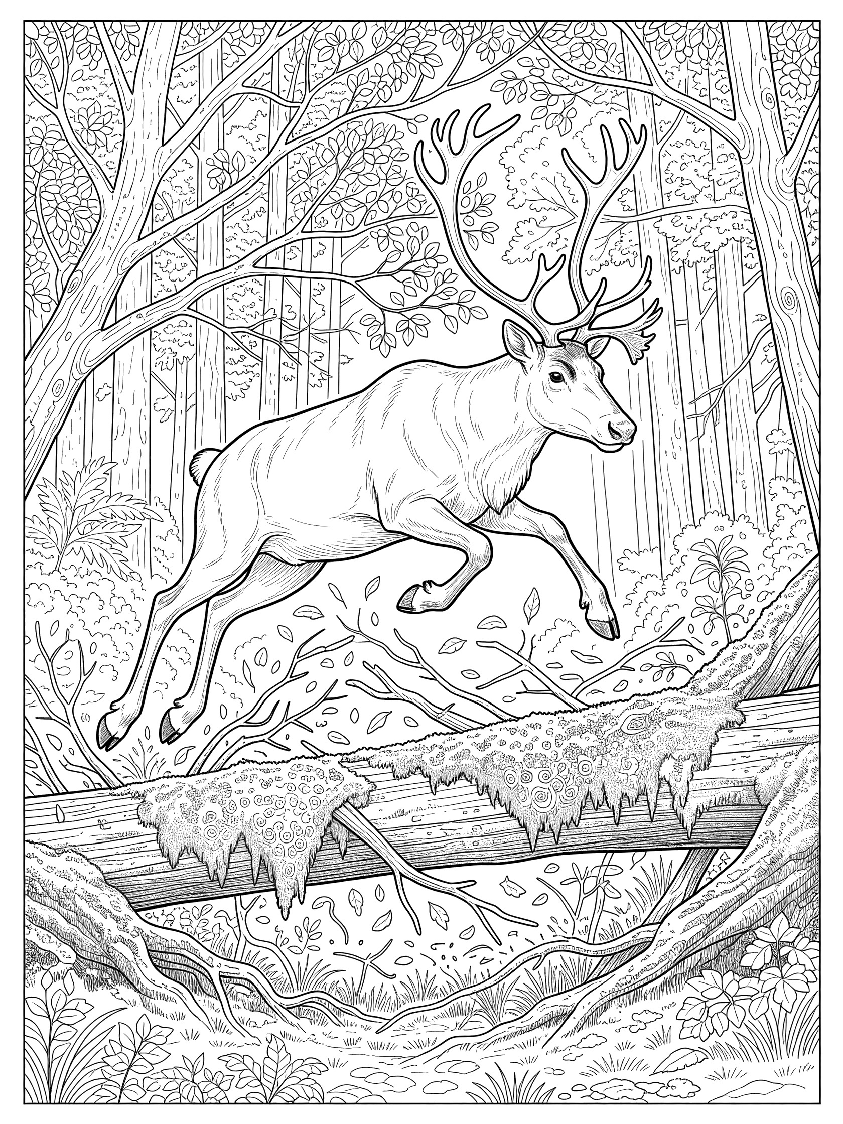 Black and white line art coloring page showing a caribou mid-jump over a mossy log surrounded by forest trees, branches, twigs and scattered leaves.