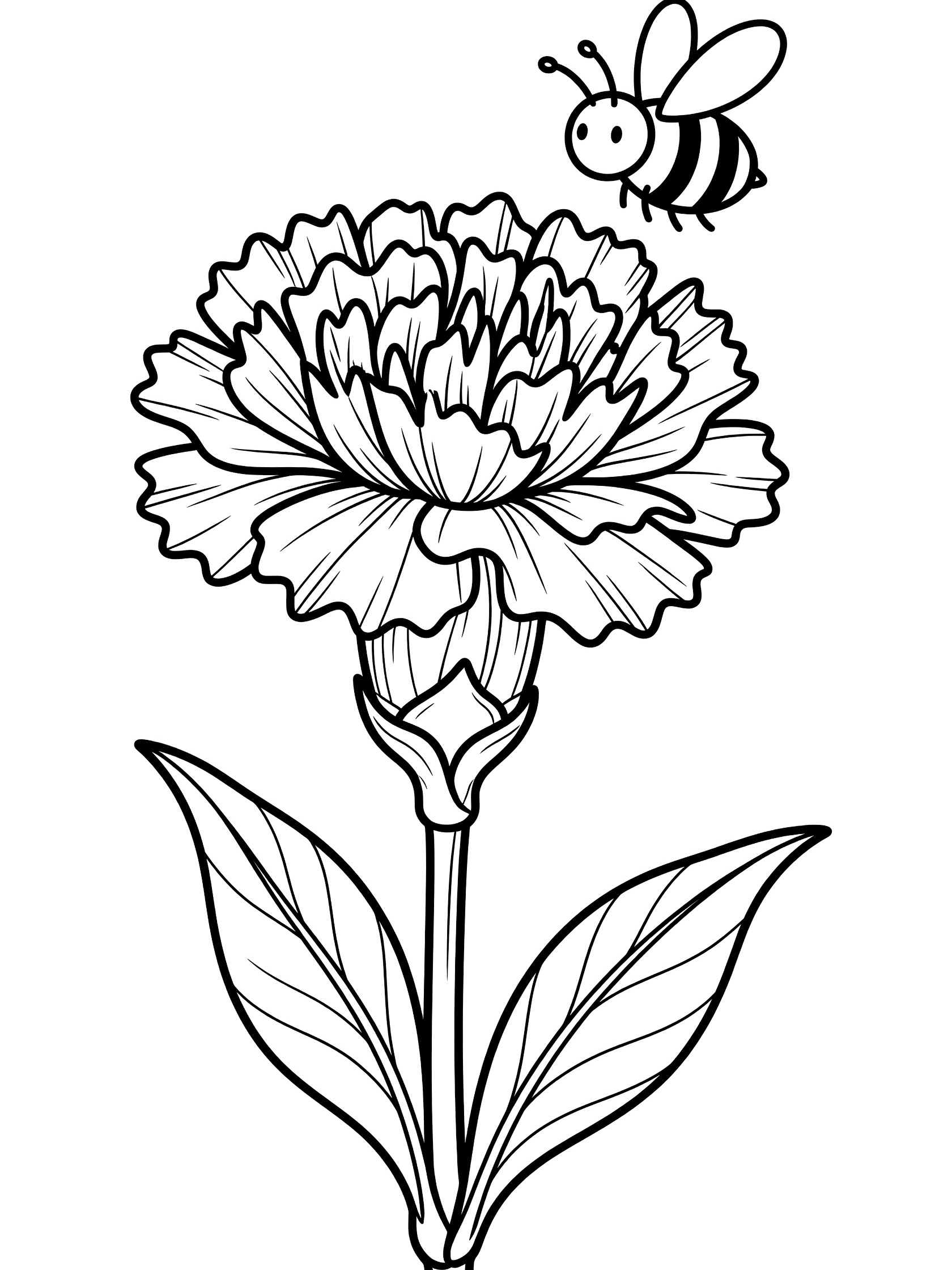 Black and white line art of a ruffled carnation flower with sturdy stem and leaves, and a bee hovering near the petals. Coloring book style.