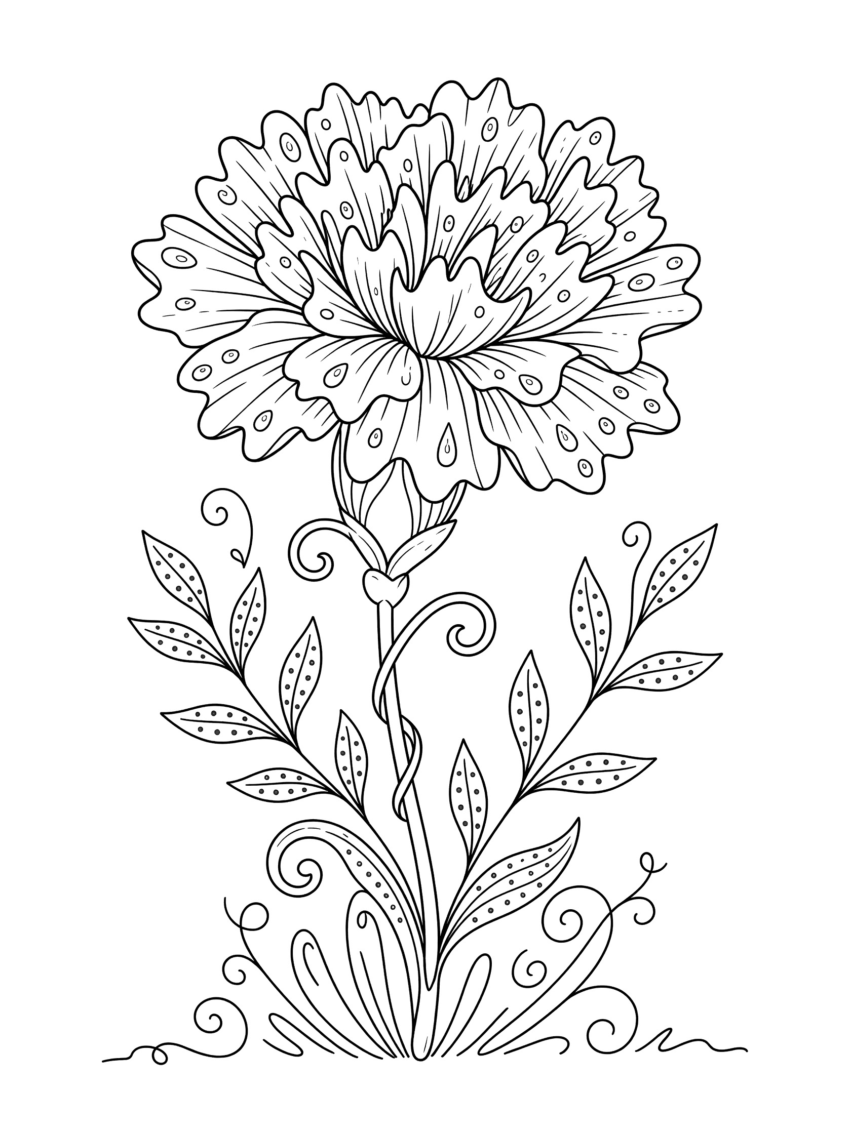 Black and white line art of a single carnation flower with ruffled petals, curly stem, dotted leaves, and gentle swirls at the base.