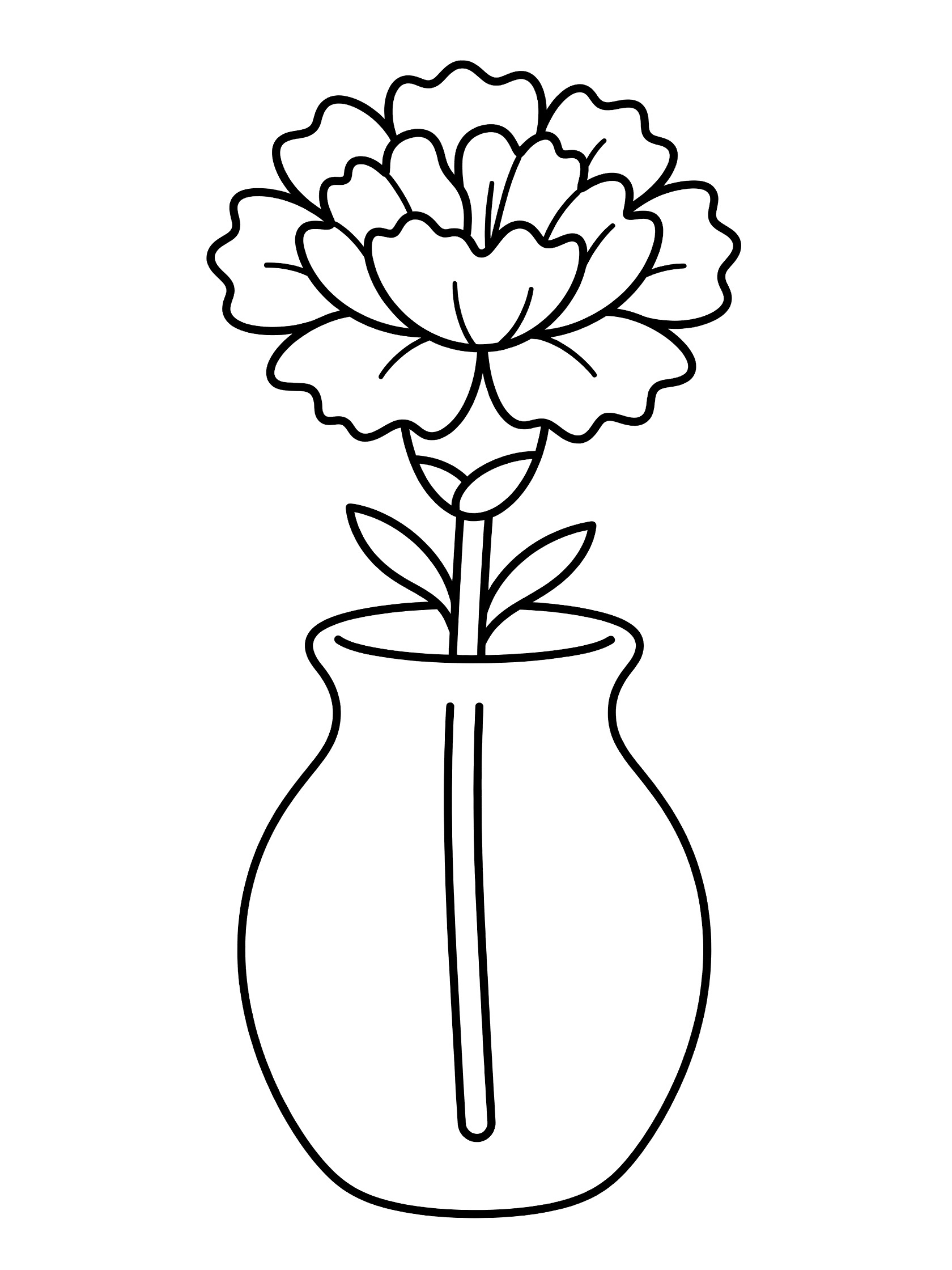 Black and white line art coloring page showing a kawaii carnation flower with ruffled petals in a rounded vase, stem and tiny leaves visible.