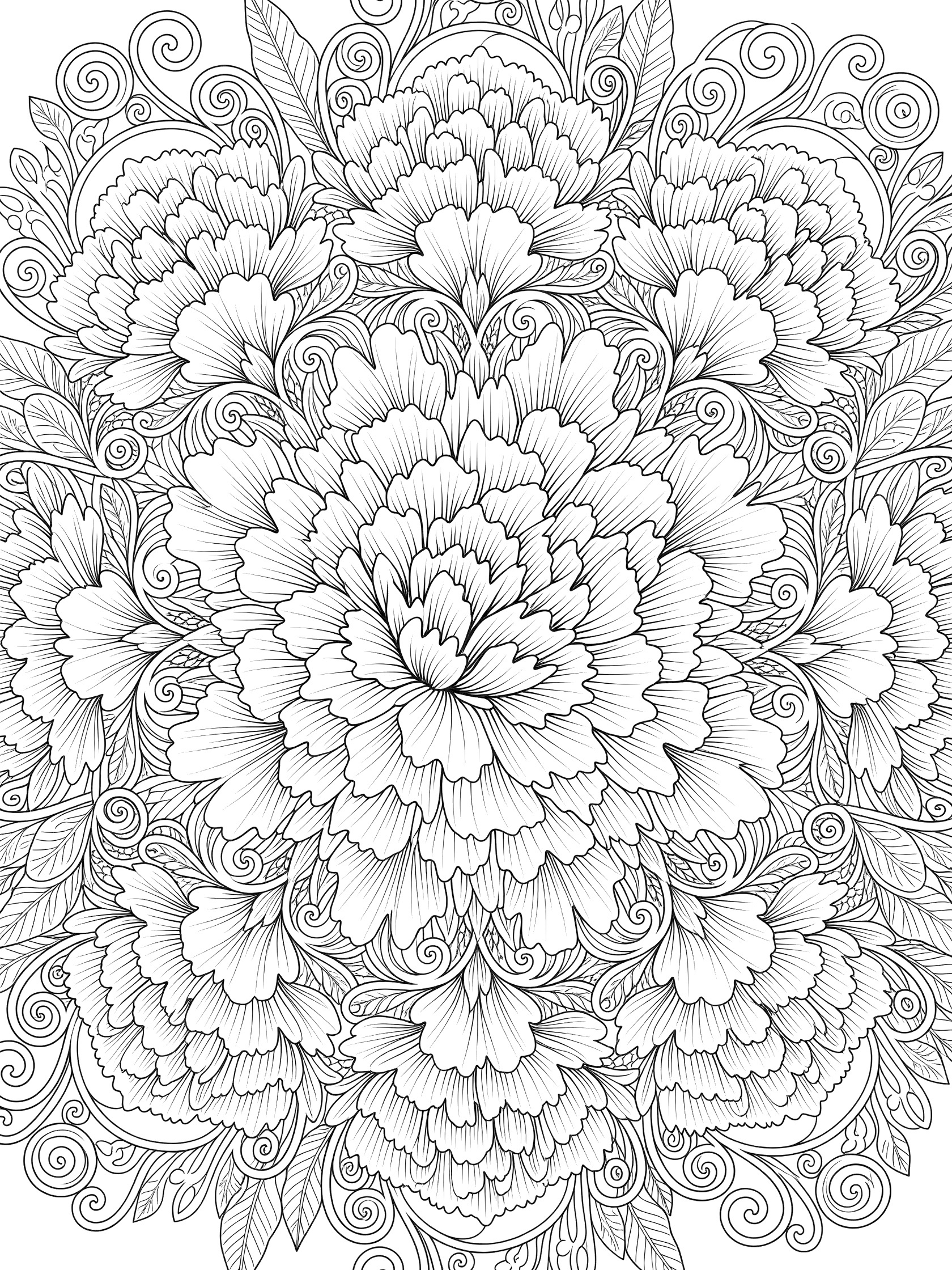 Detailed line art coloring page of a central carnation flower in a symmetrical mandala pattern with layered petals, stems, and leaves.