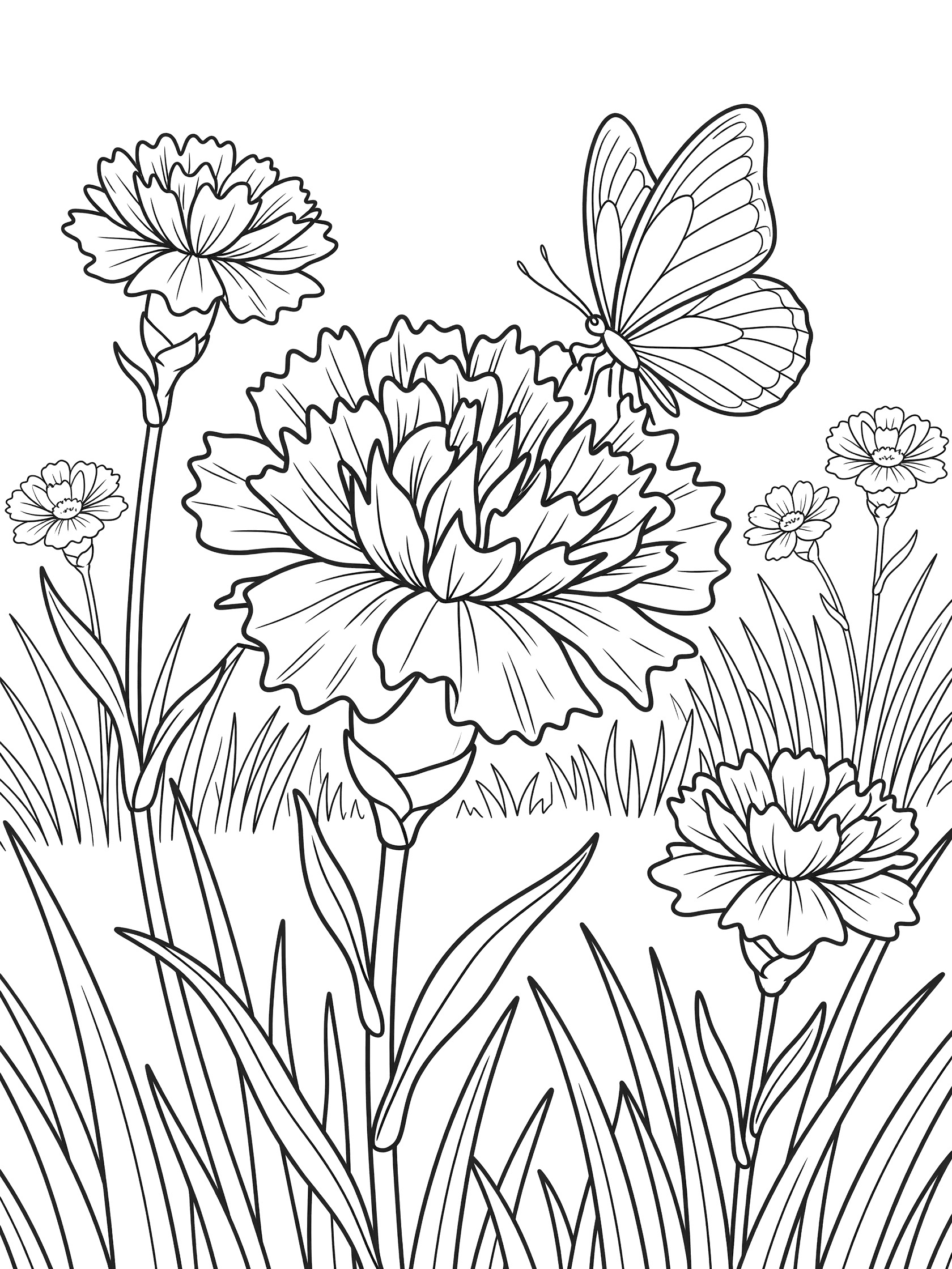 Black and white line art of several carnation flowers with stems and leaves, a butterfly on one flower, and grass at the bottom.