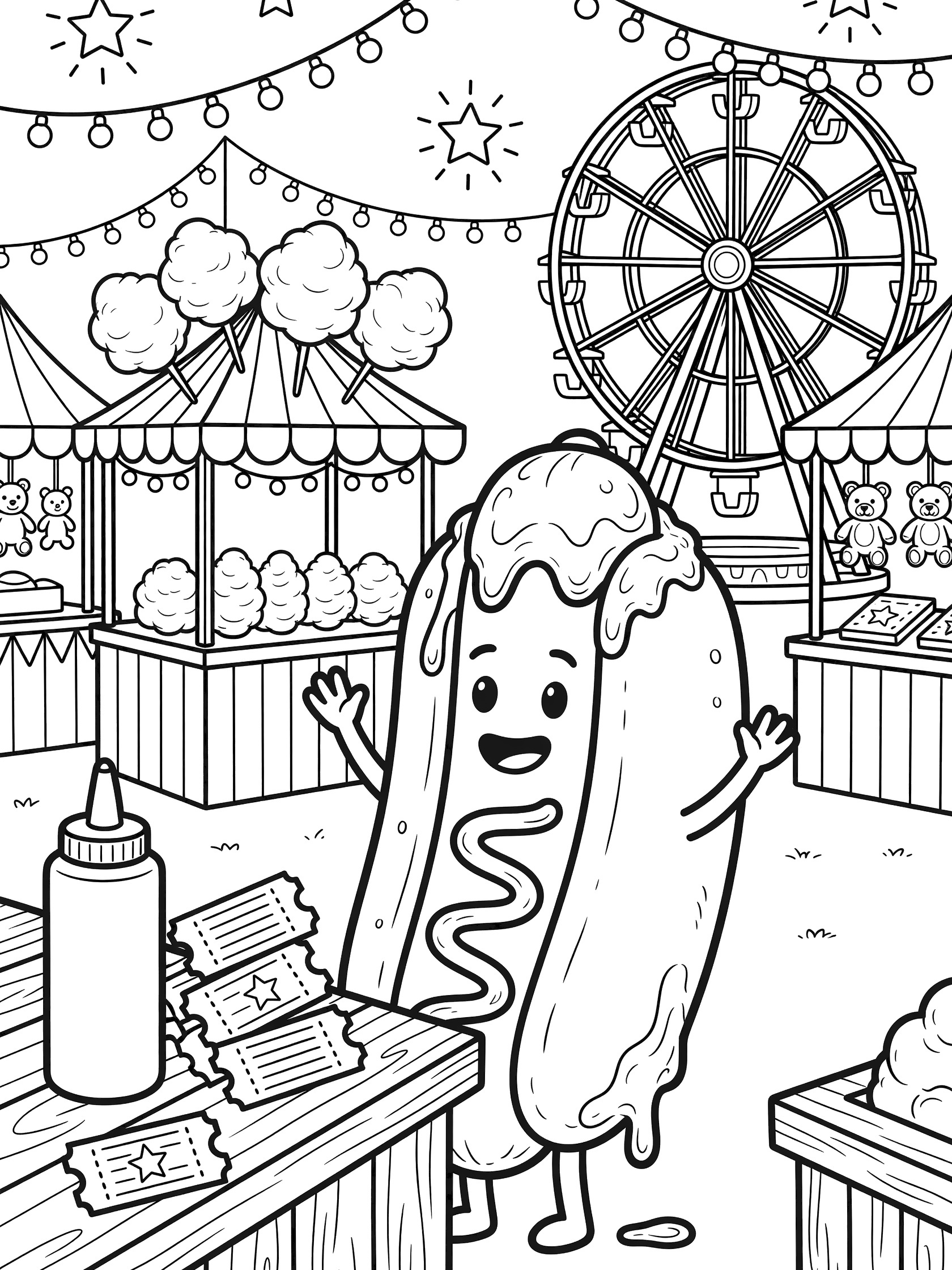 Black-and-white line art of a smiling hot dog character with chili topping at a carnival stand, near Ferris wheel, cotton candy, mustard bottle, and tickets.