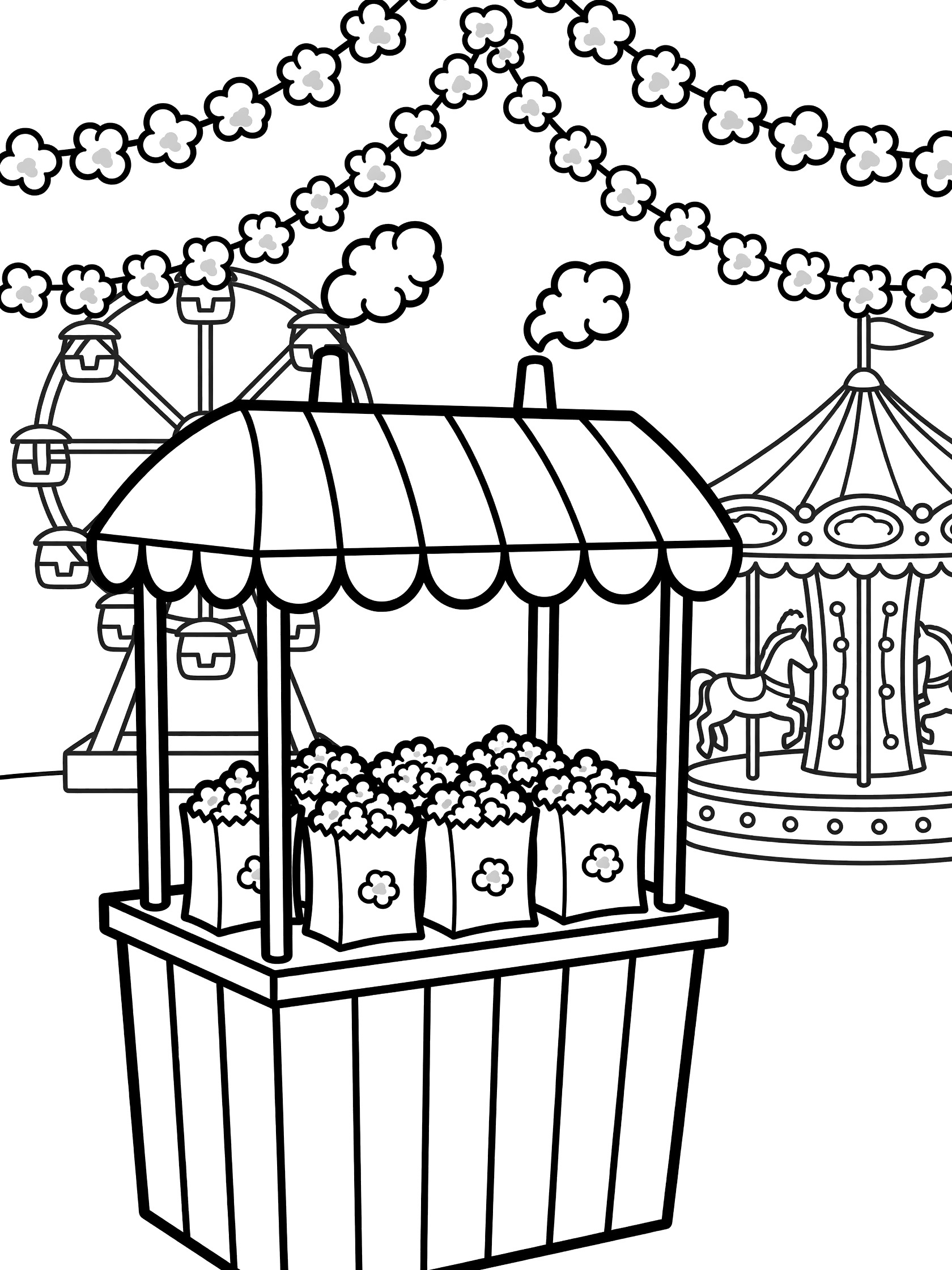 Black-and-white line art coloring page of a carnival popcorn cart bursting with paper bags of popcorn, striped awning, steam rising, popcorn garlands, Ferris wheel, and carousel.