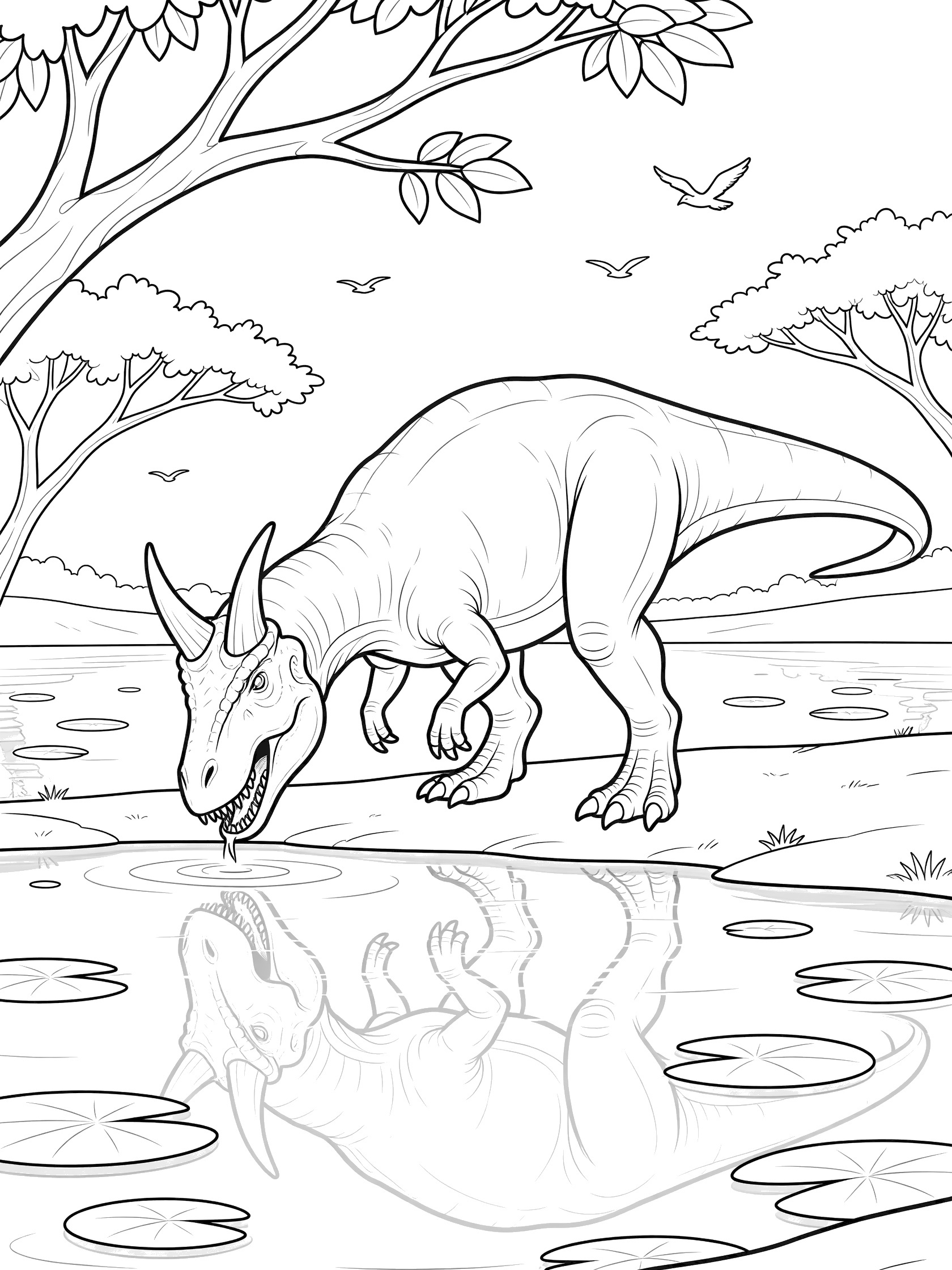Black and white line art coloring page showing a horned Carnotaurus dinosaur bending to drink from a pond, with its reflection, lily pads, overhanging tree branches, and birds in the sky.