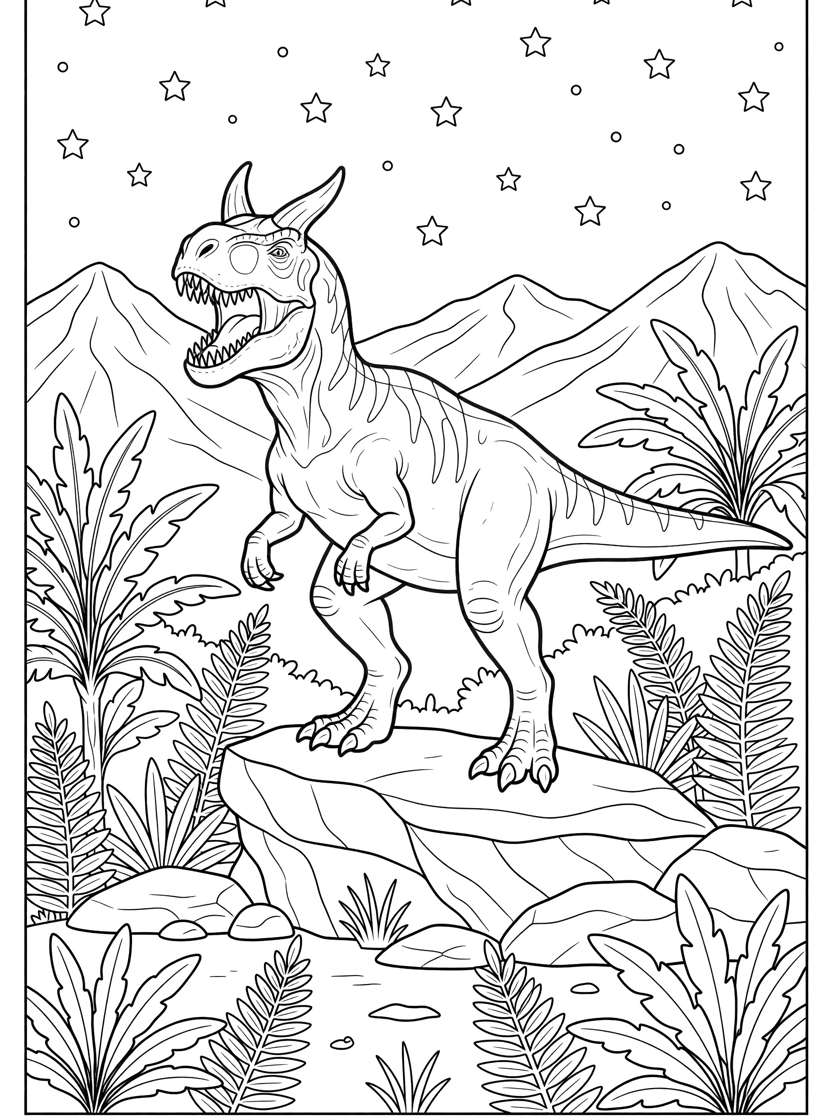 Black and white line art coloring page showing a Carnotaurus dinosaur with horns roaring on a rocky outcrop, tall ferns around, mountains in background, and stars above.