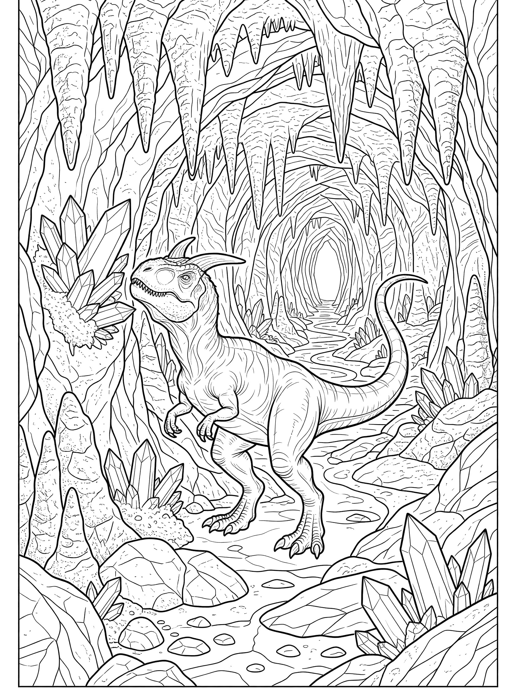 Black and white line art of a Carnotaurus dinosaur with horns crouching in a cave, sniffing crystals on the wall amid stalactites, stalagmites, boulders, and a tunnel entrance.