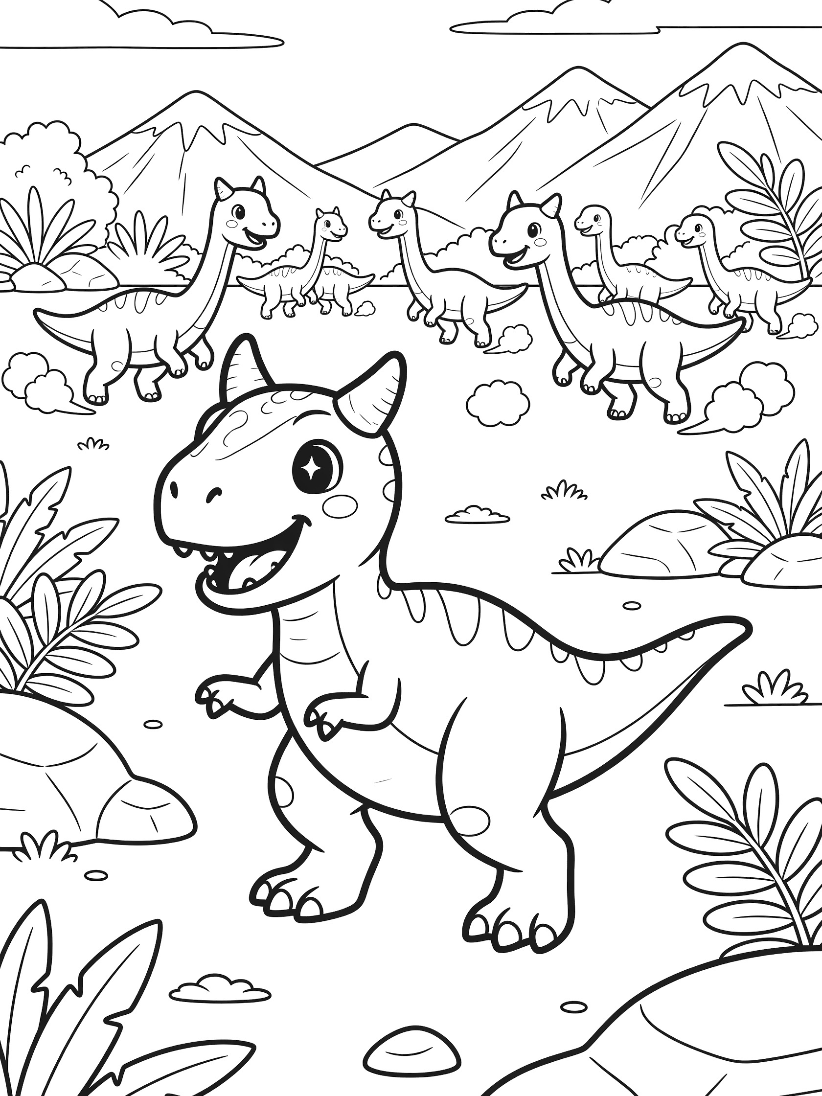 Black and white printable coloring page of a playful Carnotaurus dinosaur crouched low, mouth open, chasing a herd of panicked long-necked dinosaurs in a lush prehistoric scene with ferns and mountains.