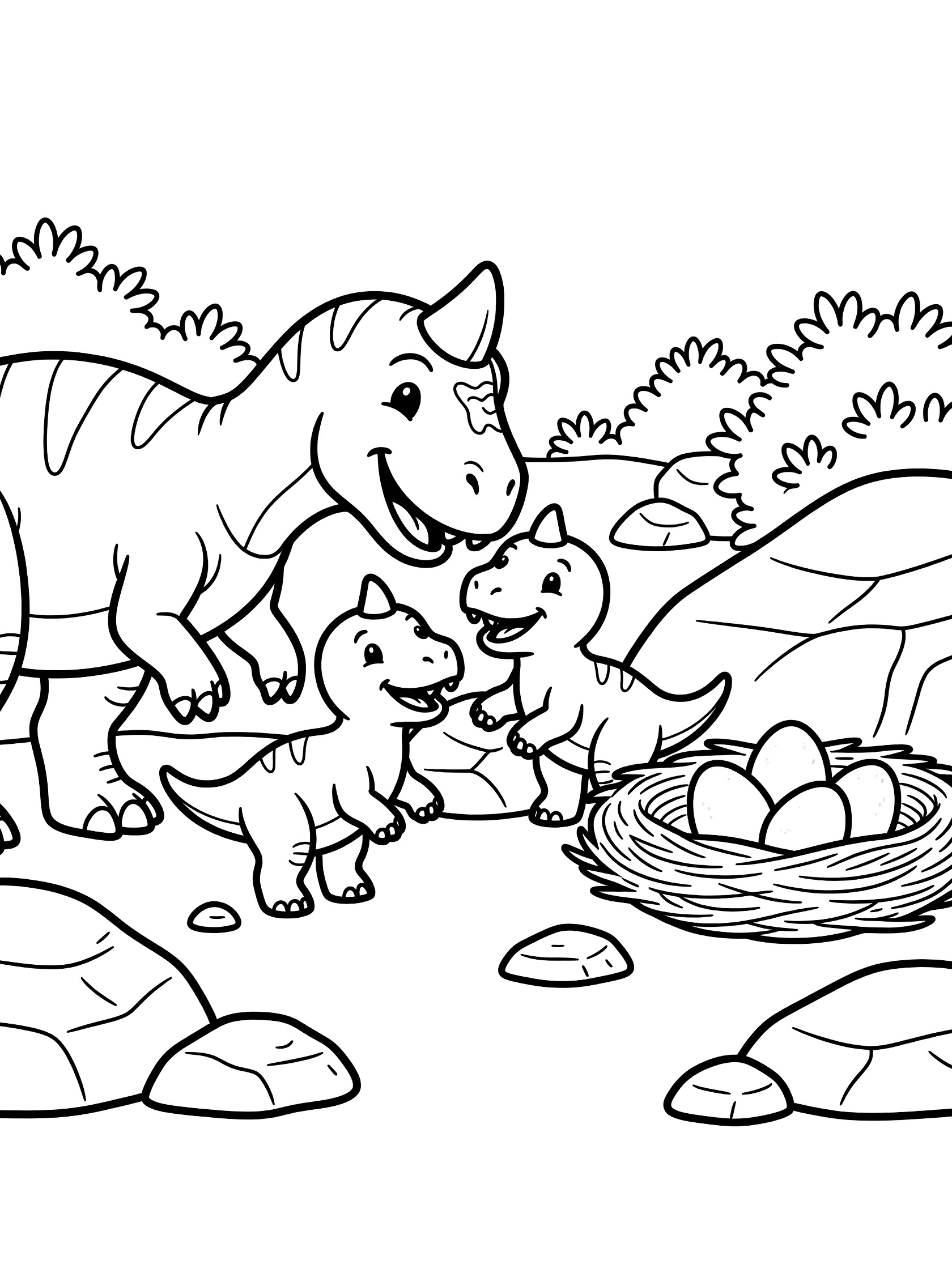 Black and white line art coloring page showing a large Carnotaurus parent nuzzling two small baby Carnotaurus dinosaurs beside a nest with eggs, surrounded by rocks and bushes.
