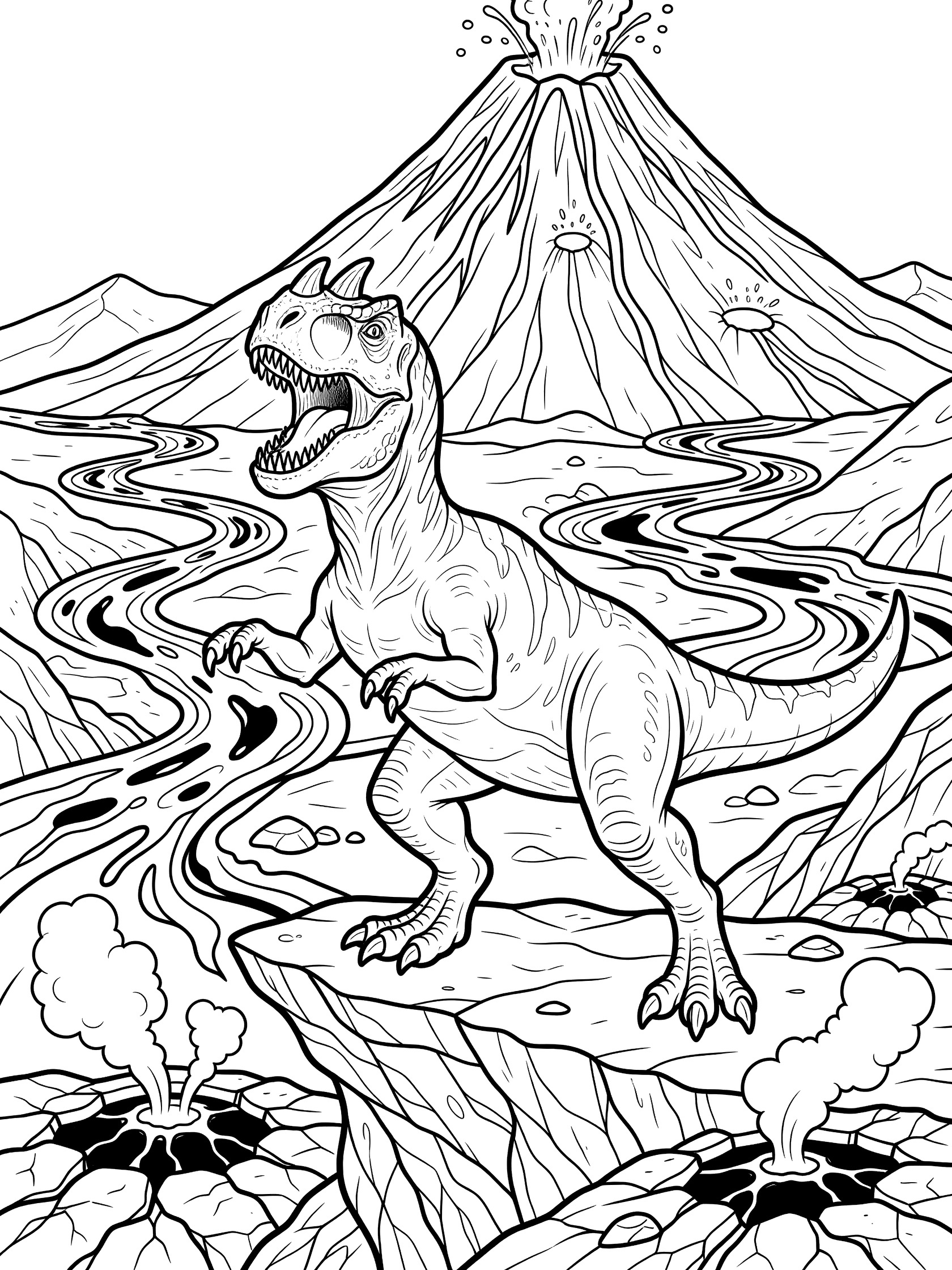Line art coloring page showing a Carnotaurus dinosaur rearing up on a jagged rocky ledge, mouth open in a roar, with steam vents, lava rivers, and a erupting volcano in the background.