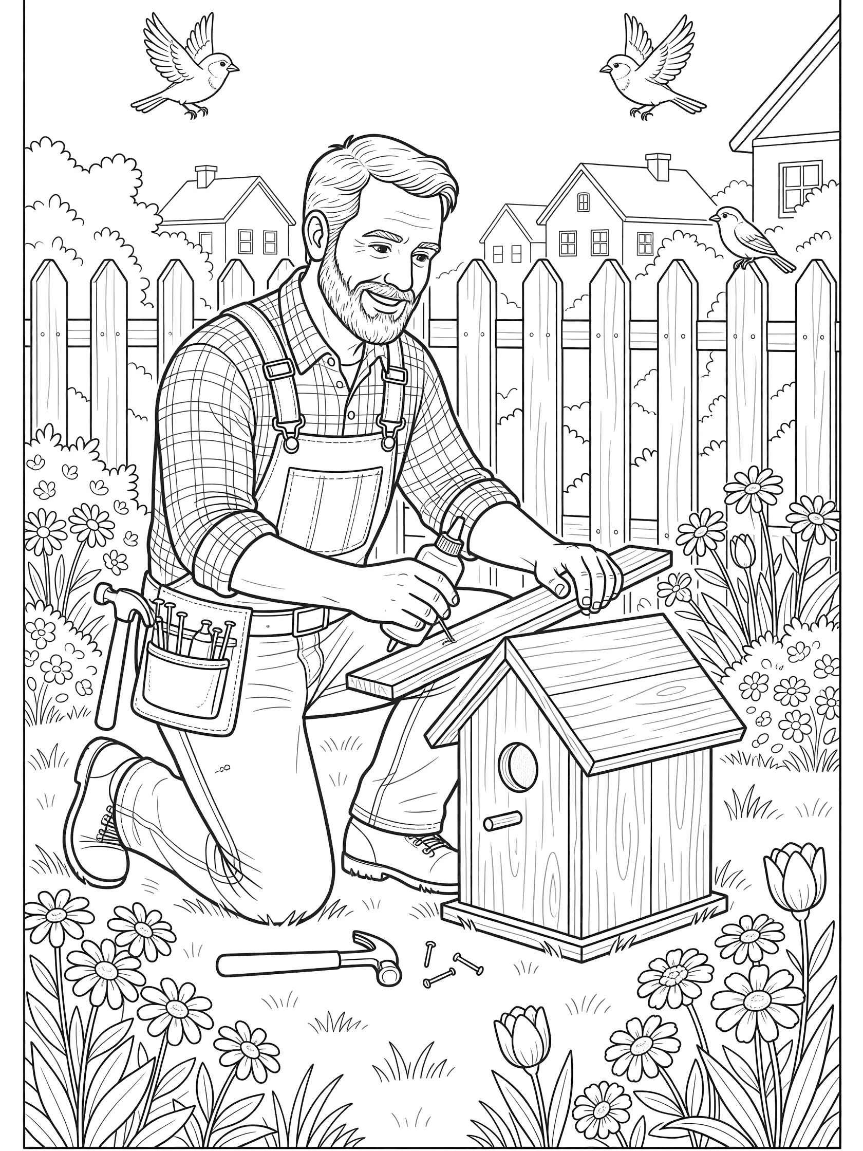 Carpenter kneeling in garden assembling wooden birdhouse with hammer and glue, surrounded by flowers, picket fence, and bird silhouettes