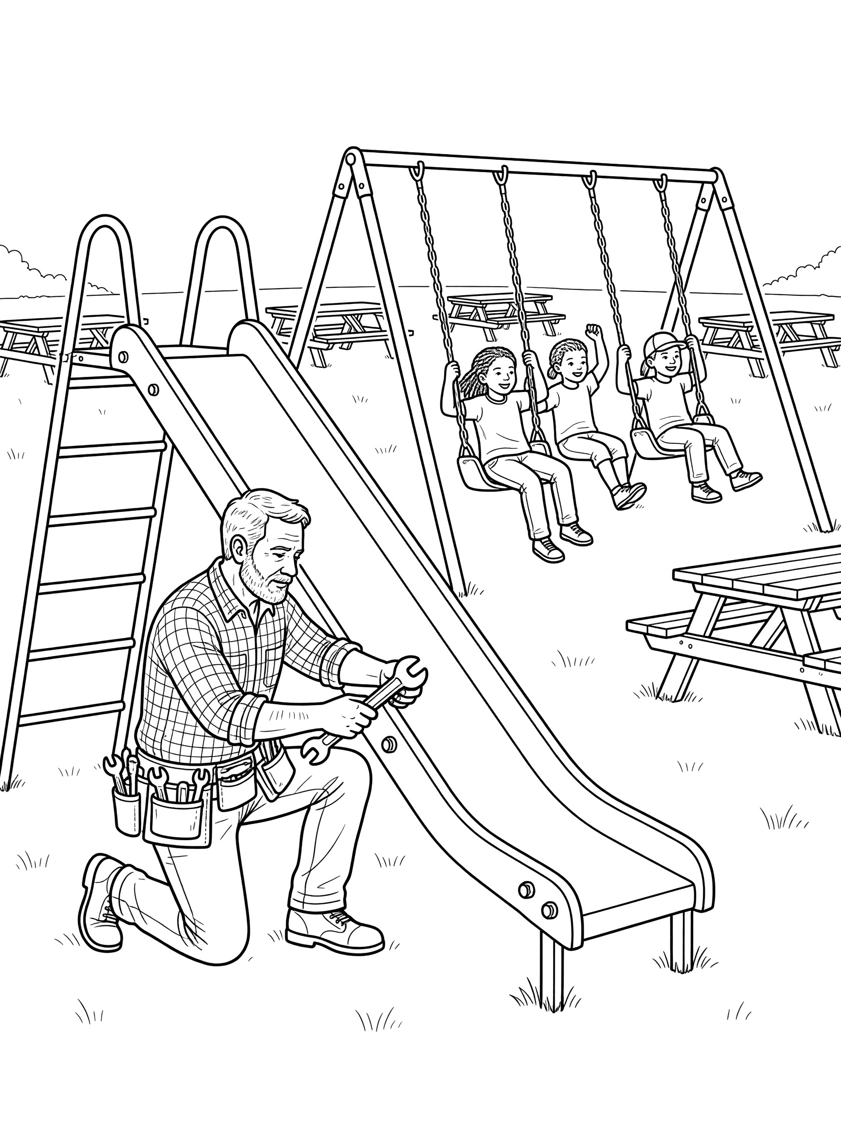 Black and white line art of a carpenter with tool belt fixing a playground slide while children swing on swings in a park with picnic tables.