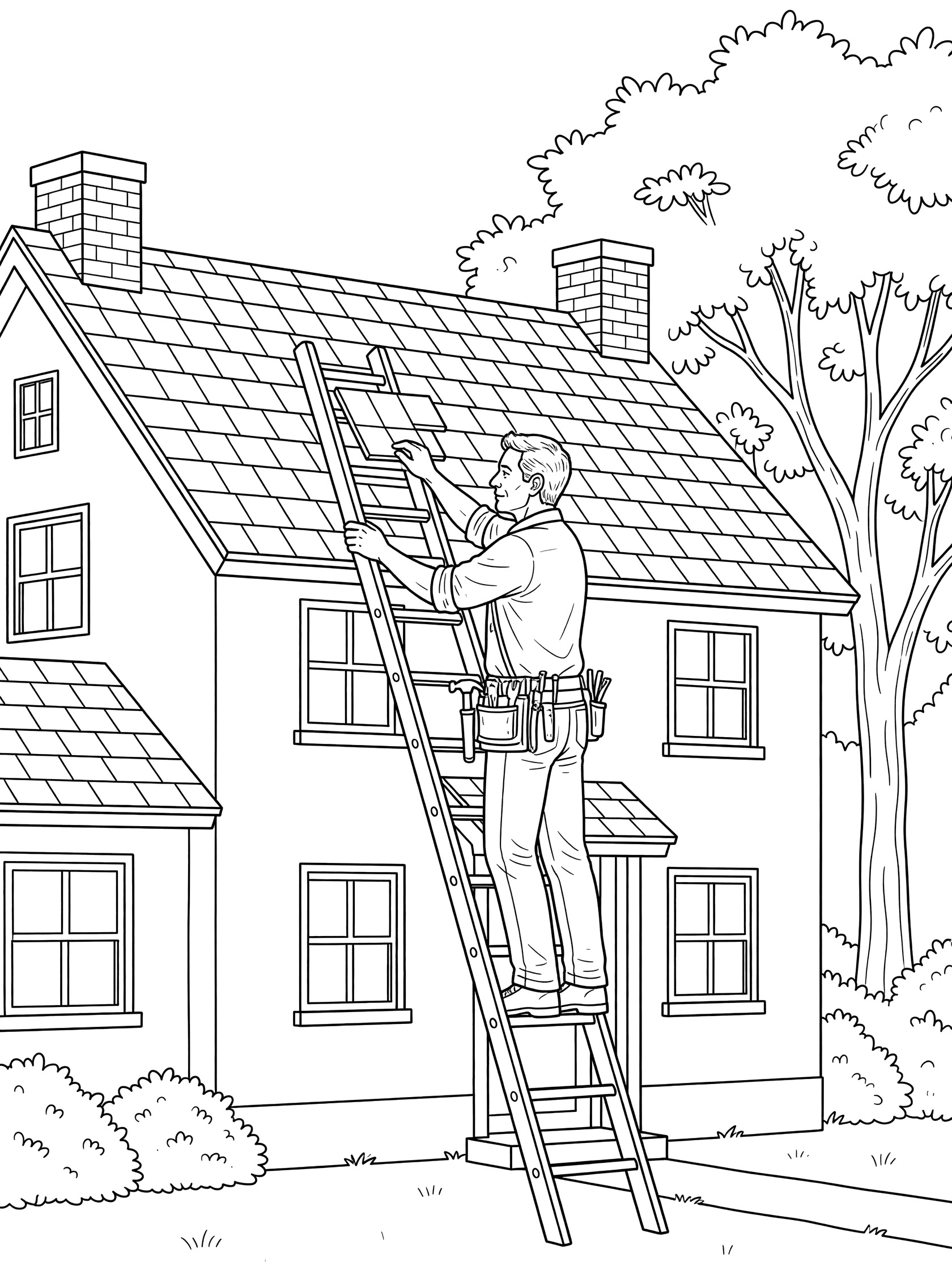 Black and white line art of a carpenter climbing a ladder to repair roof shingles on a neighborhood house with chimneys, windows, tree, and tool belt.