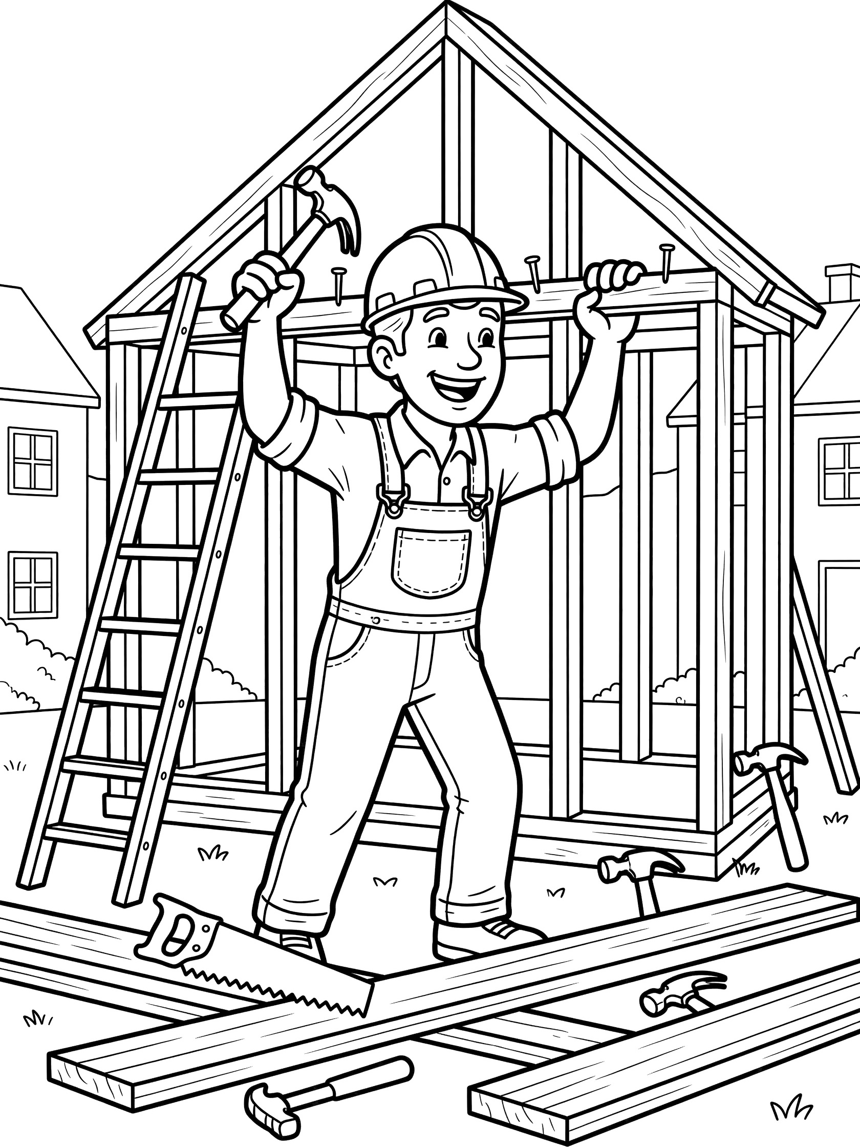 Black and white line art of cheerful carpenter hammering on house frame with tools and ladder