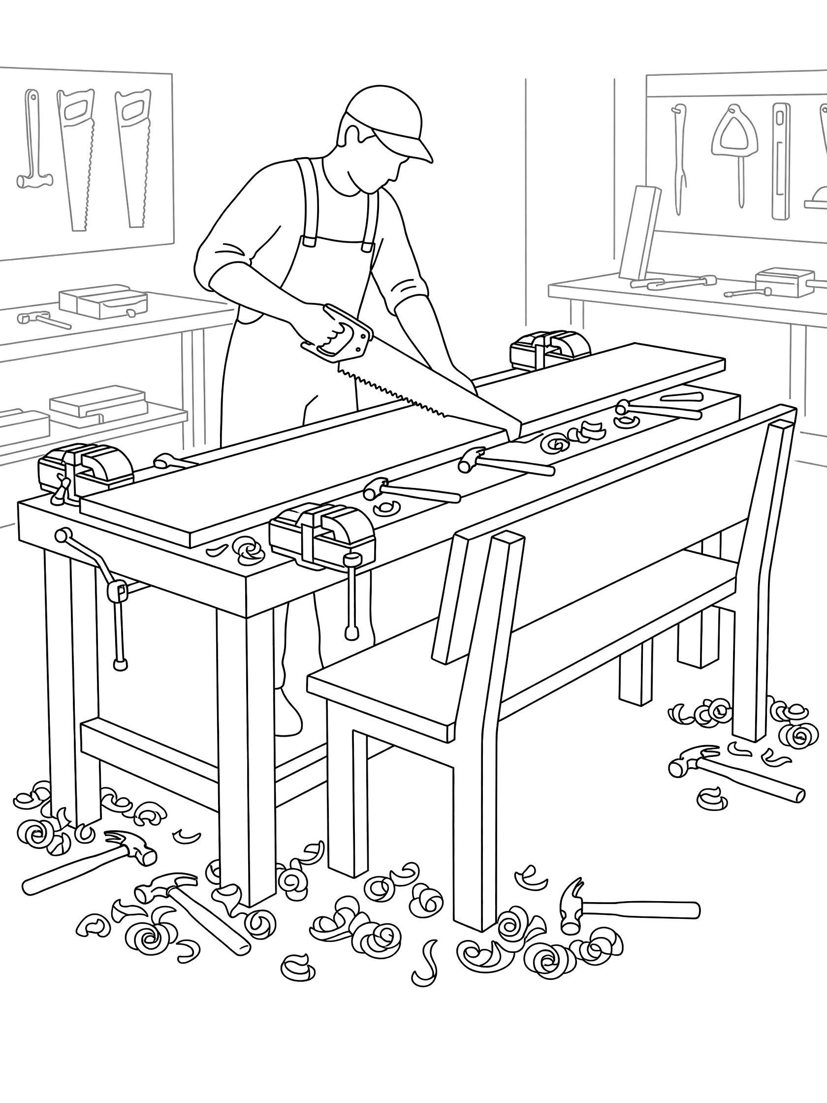 Black and white line art of a carpenter in overalls and cap using a handsaw on a long wood plank clamped to a workbench with vises. Hammers, tools on walls, wood shavings on floor, and bench parts visible.