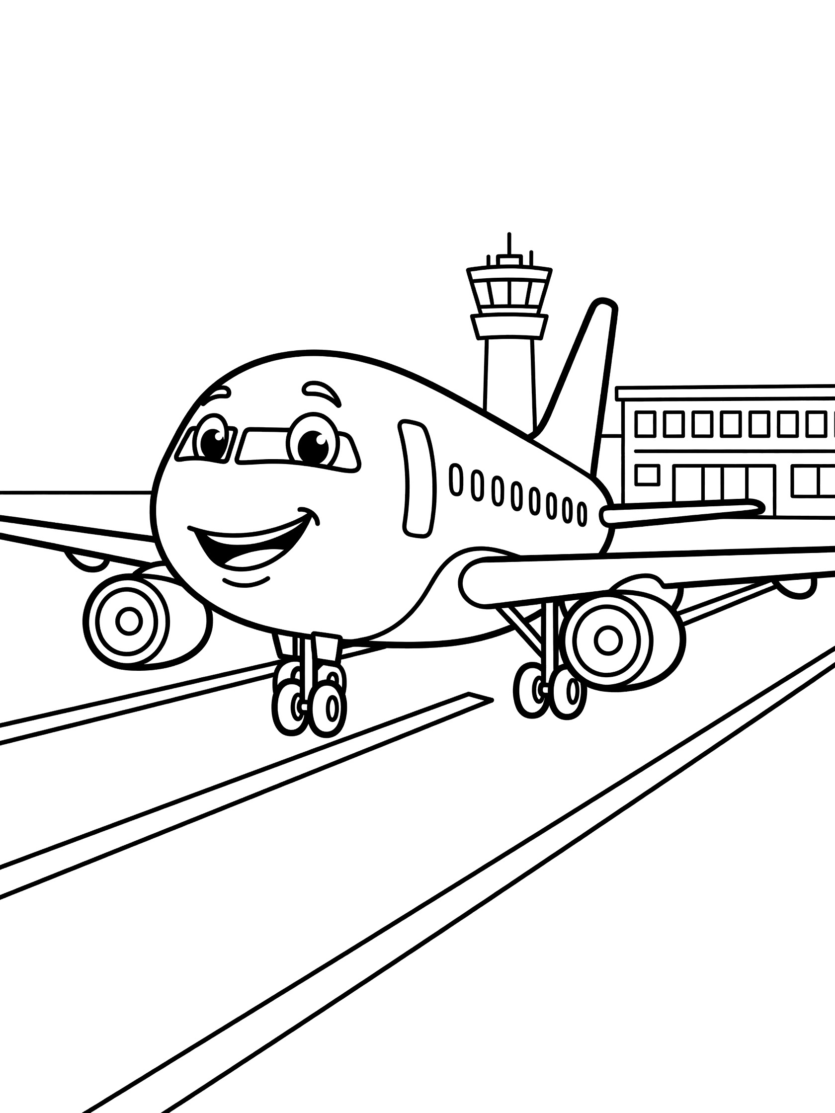 Black and white line art of a smiling cartoon airplane with landing gear down on runway next to airport control tower and terminal building. Boeing 747 themed black and white printable line art