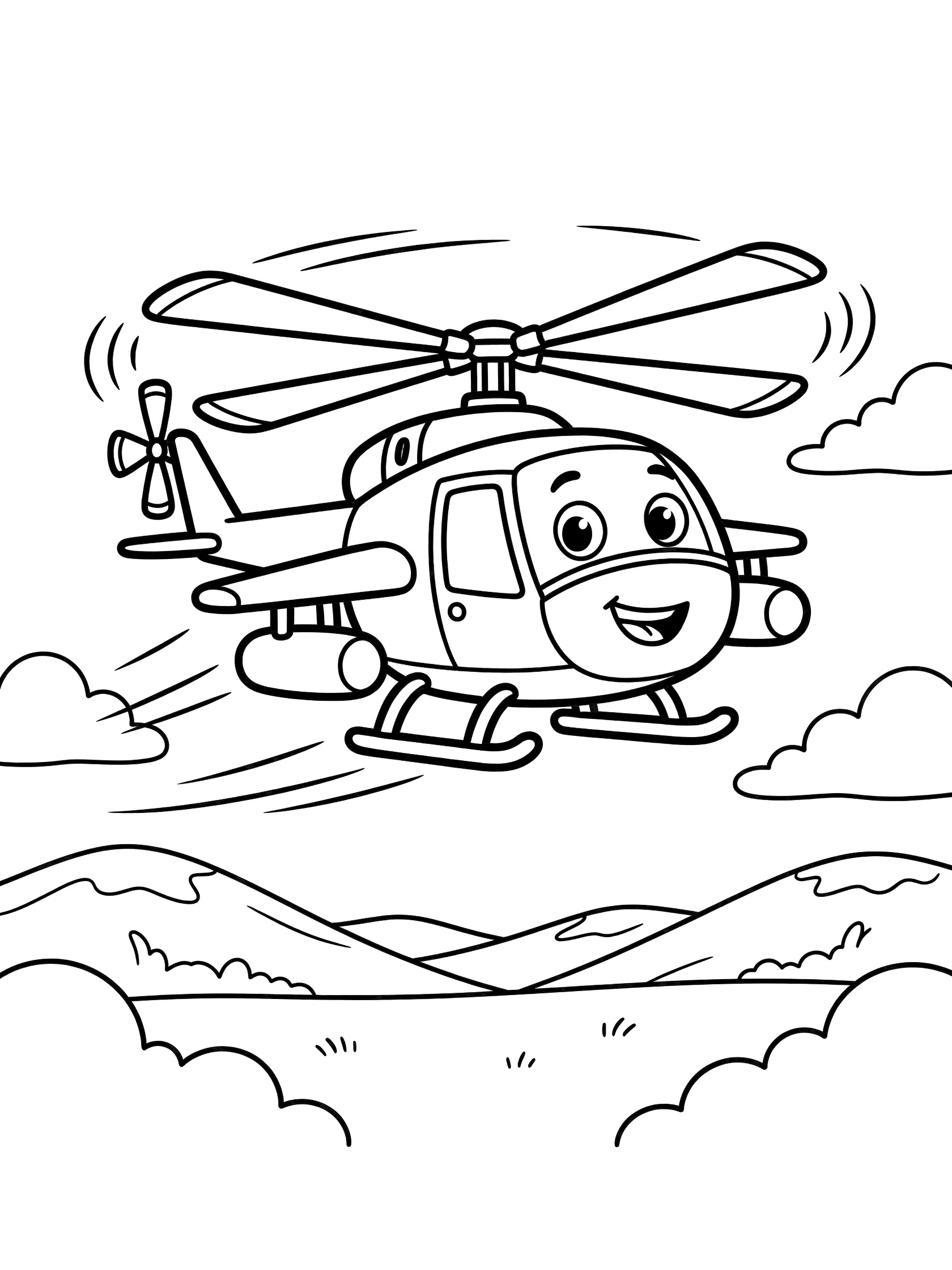 Black and white line art of a smiling cartoon attack helicopter soaring with spinning main rotor and tail rotor, missiles, clouds, and distant hills.