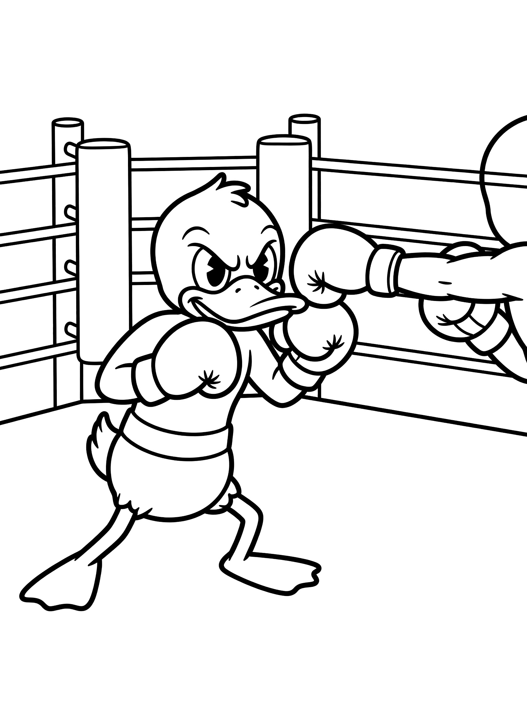 Cartoon duck boxer in gloves dodging a punch in a detailed boxing ring coloring page