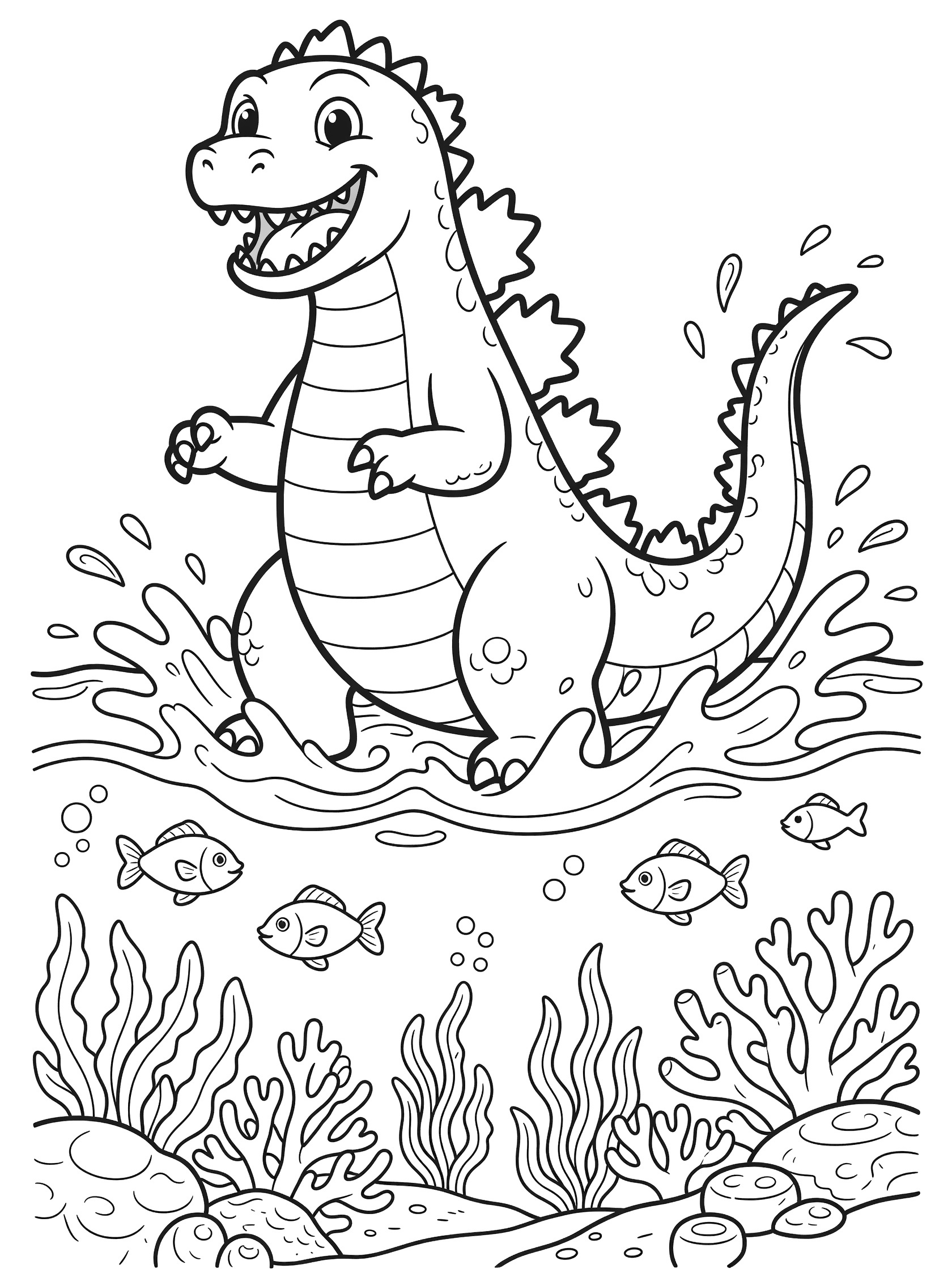 Black and white line art of a smiling cartoon Godzilla walking through ocean waves with splashing water, fish, seaweed, and bubbles.