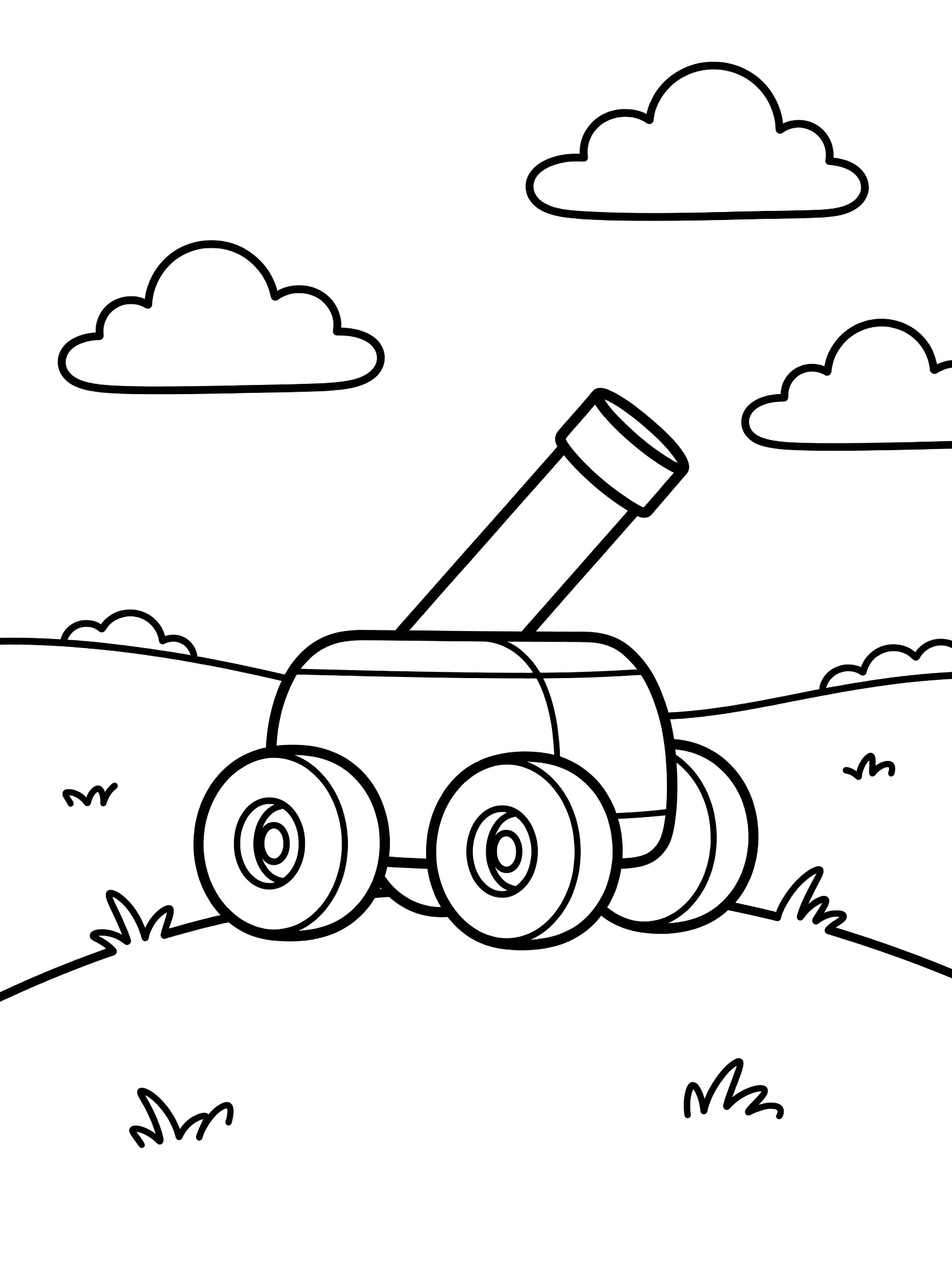 Black and white line art coloring page showing a cartoon mortar vehicle parked on a grassy hilltop with its tube pointed up at clouds, big wheels, simple shapes.
