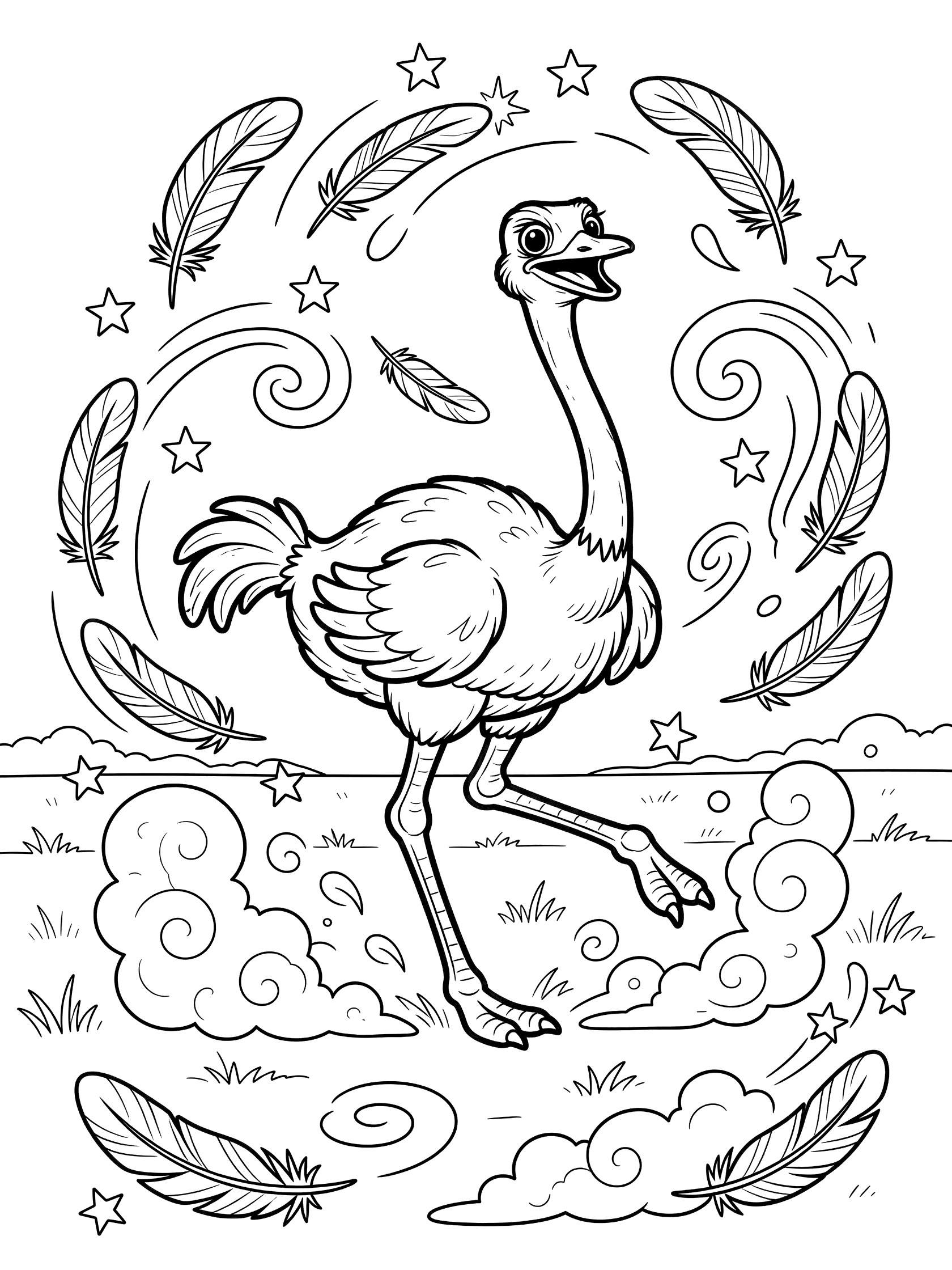 Black and white line art coloring page showing a cheerful cartoon ostrich with open beak, running on two legs, kicking up dust clouds, surrounded by swirling feathers and stars on a field.