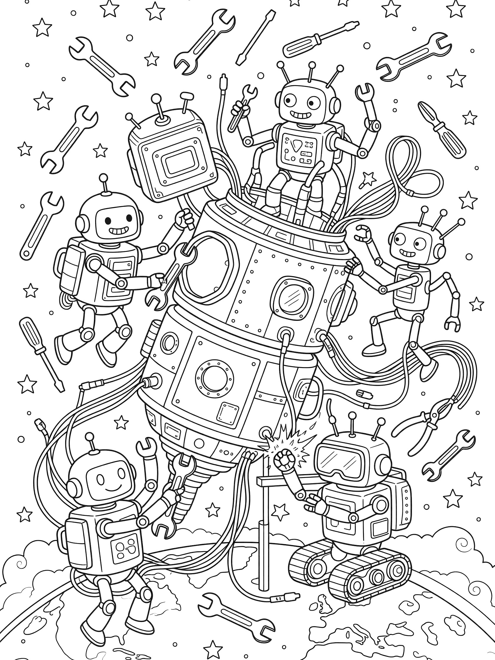 Black and white line art of whimsical cartoon robots bolting panels, connecting wires, and building a large space station module with tools floating around, Earth and stars in the background