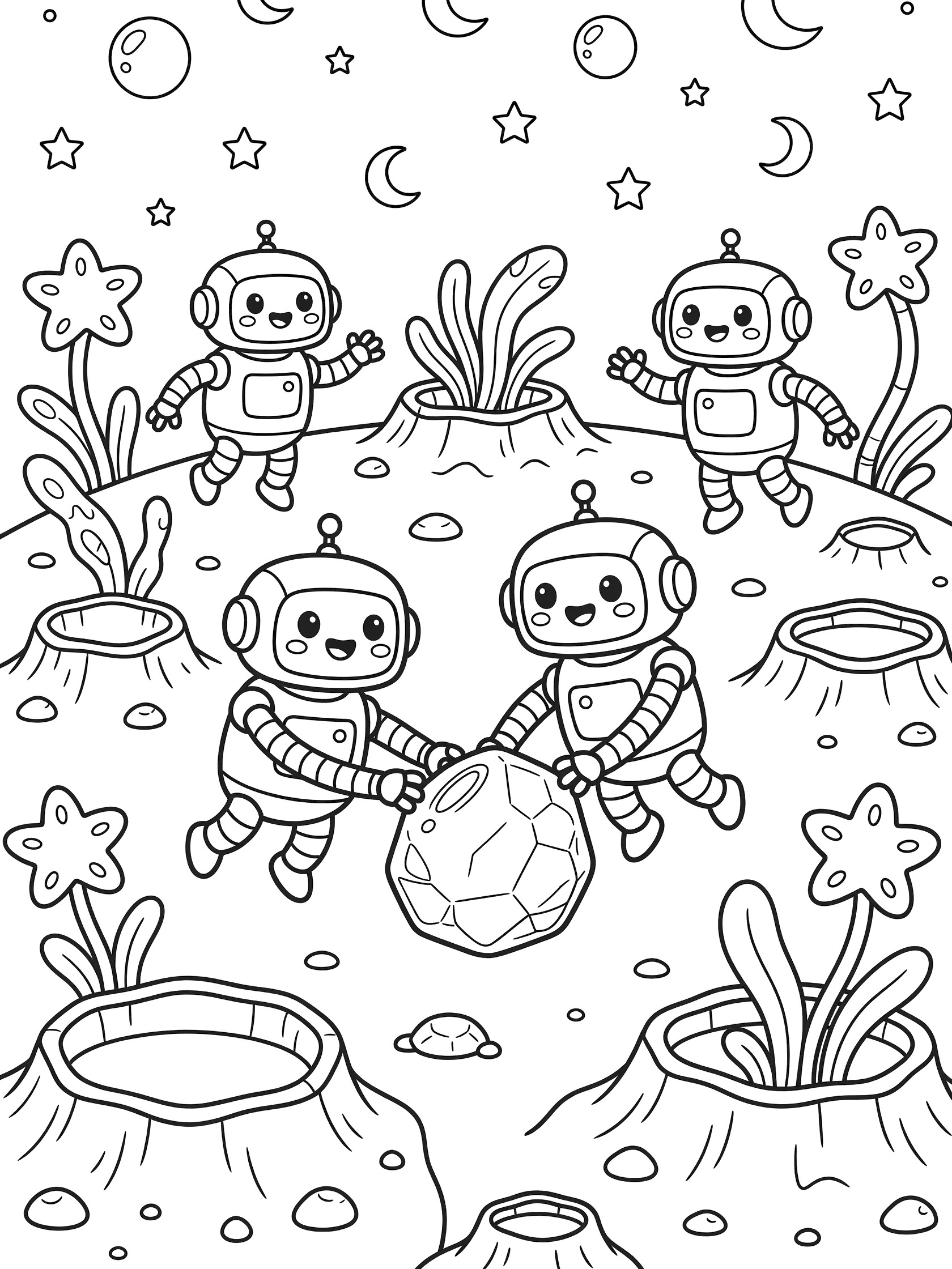 Cute kawaii cartoon robots exploring alien planet coloring page with craters, plants, shiny rock, moons, and starry sky