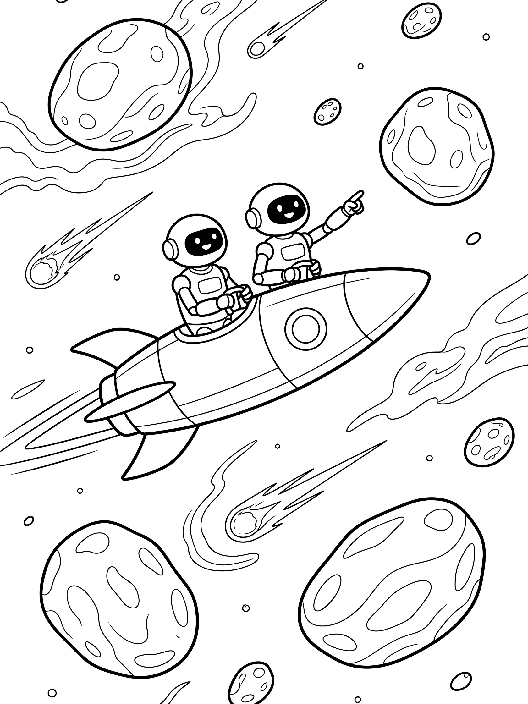 Cartoon robots piloting sleek rocket dodging large asteroids in deep space coloring page