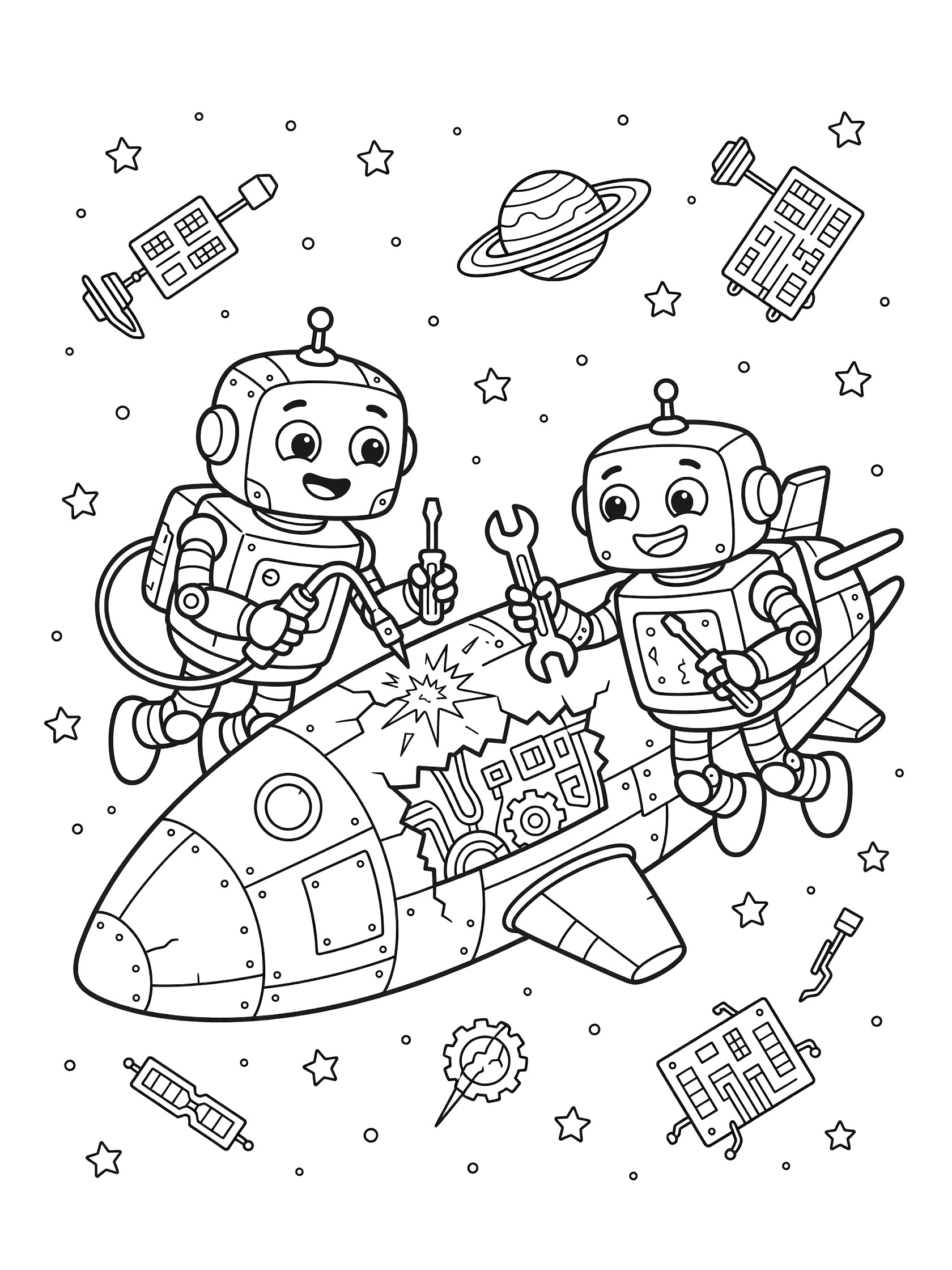 Cartoon robots floating in space repairing a broken spaceship with welding tools, surrounded by stars and a planet.