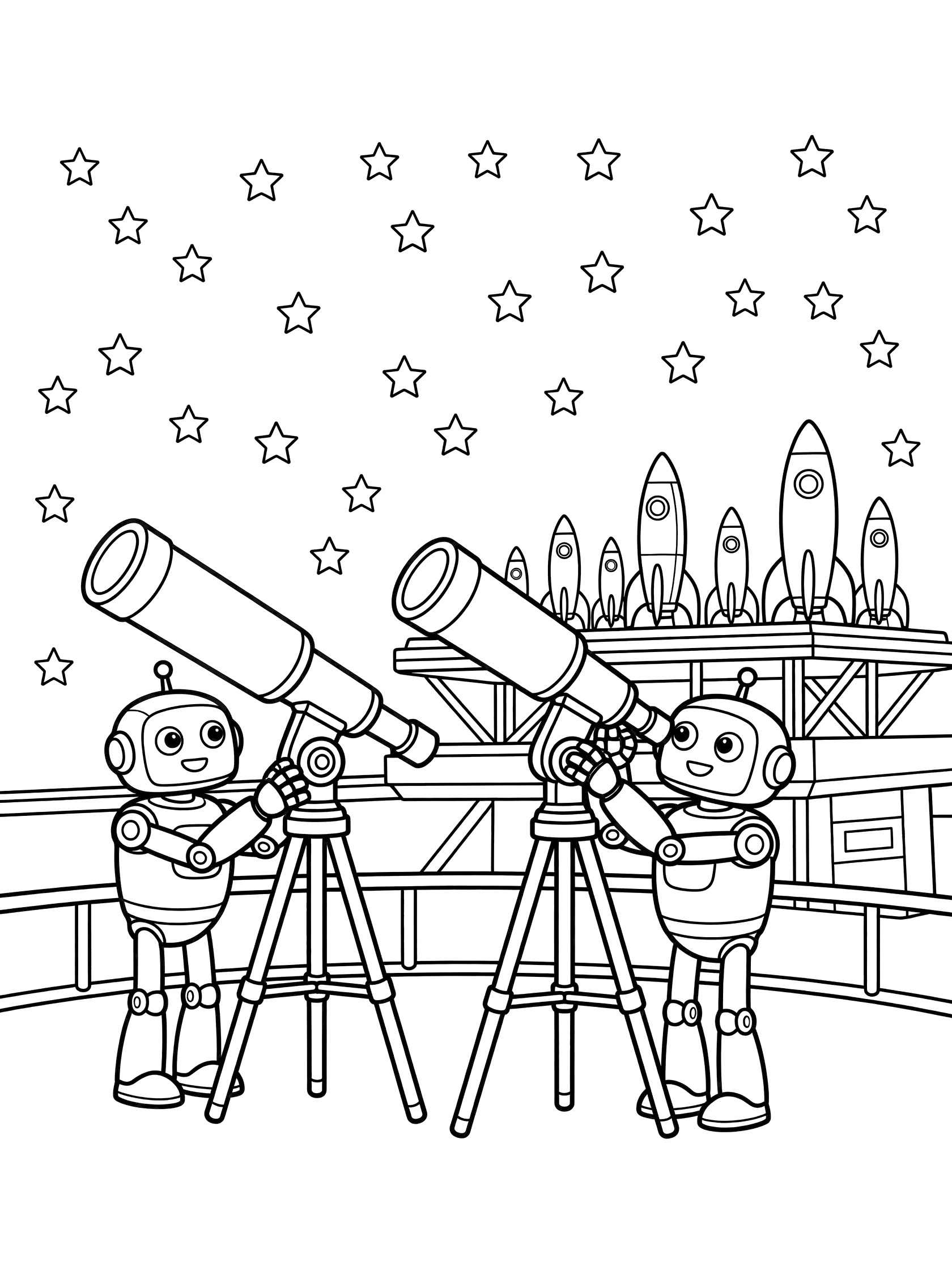 Cartoon robots using giant telescopes to scan stars on a space observatory platform with rockets, clean line art coloring page