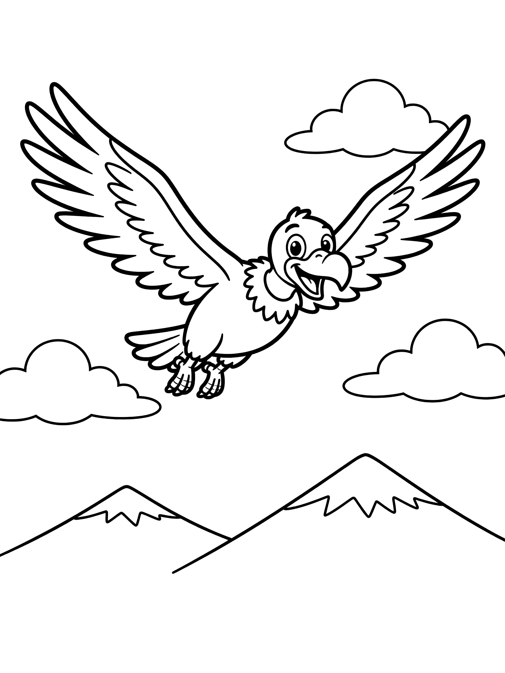 Black and white line art coloring page showing a happy cartoon vulture flying high with wide wings, fluffy clouds in the sky, and simple mountain peaks below.