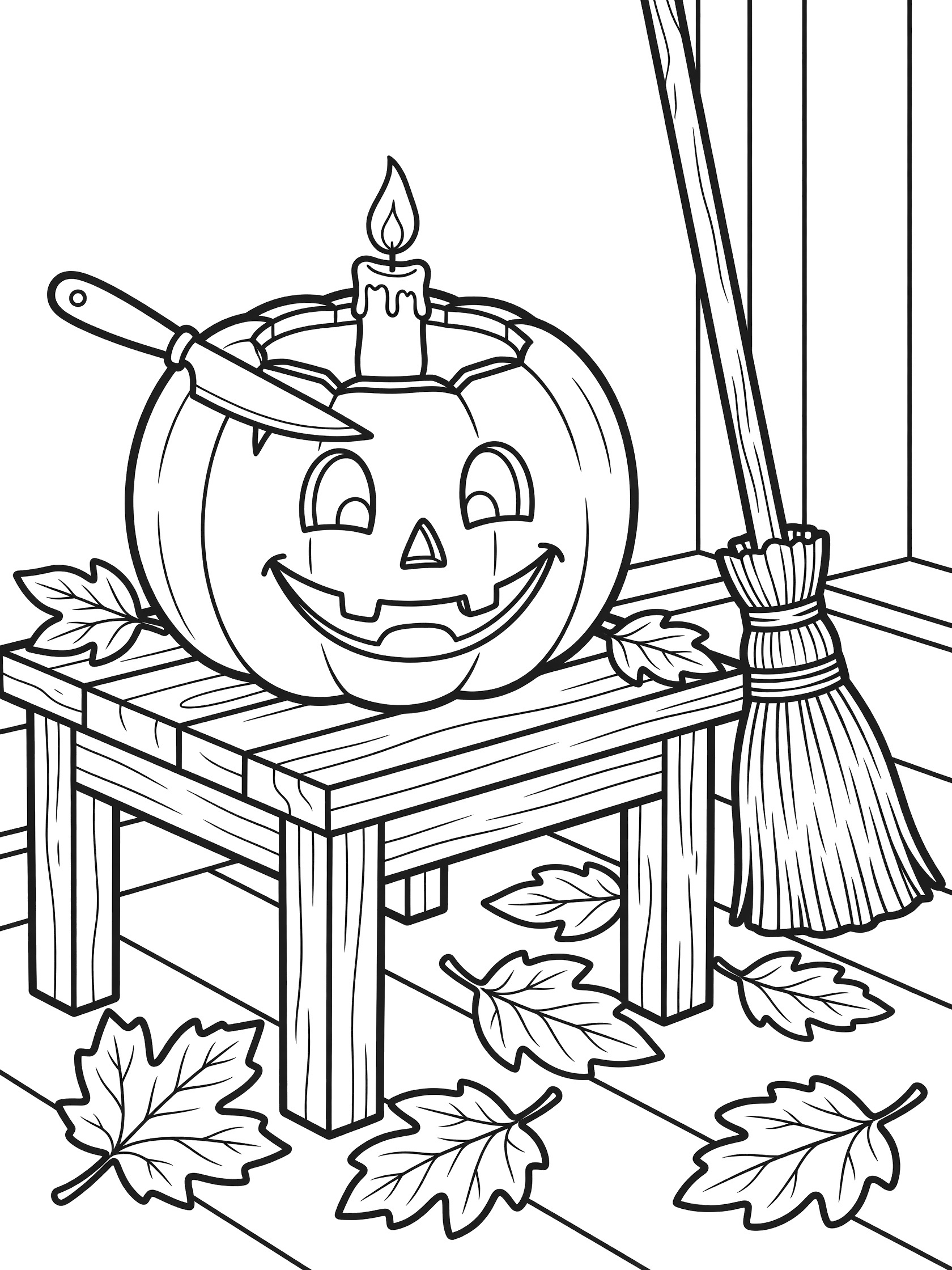 Line art coloring page showing a plump pumpkin with carved eyes, nose, and grin on a wooden table, knife cutting it, candle inside, broom leaning nearby, and scattered leaves.