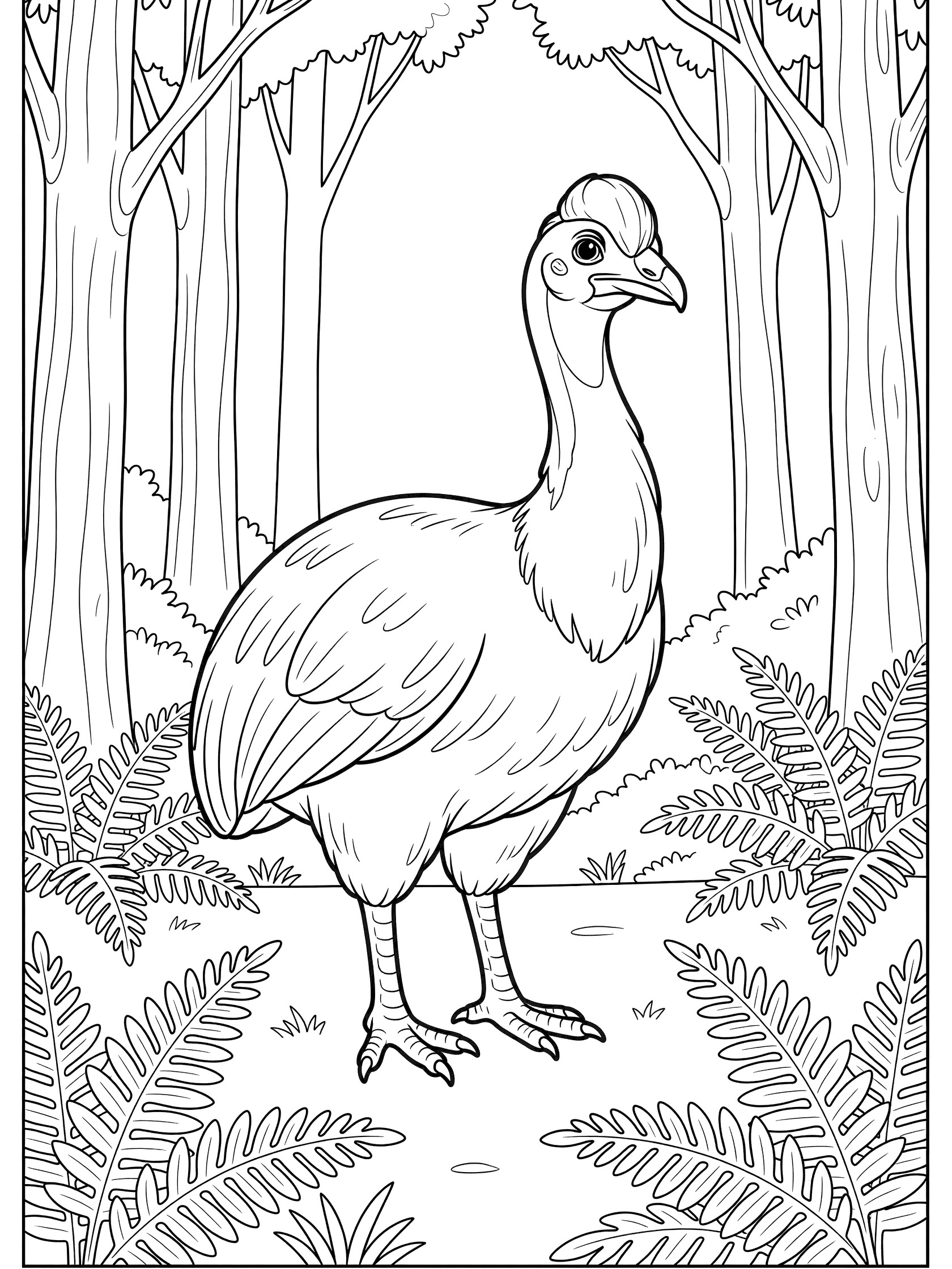 Black and white coloring page of a tall cassowary bird with long neck and fluffy feathers in a forest with trees and ferns. Moa themed black and white printable line art