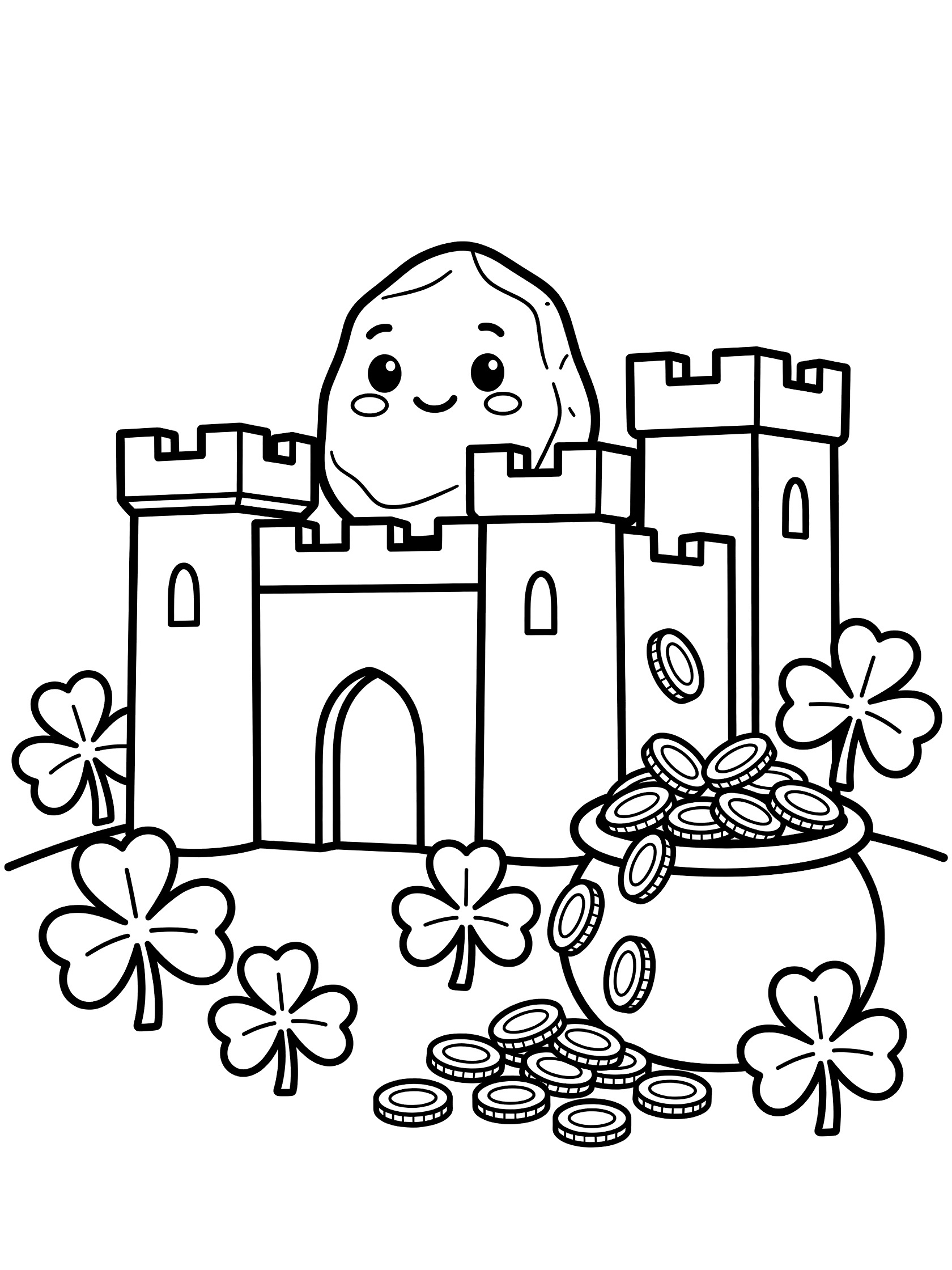 Printable coloring page showing a cute smiling potato-shaped rock atop a tall castle, surrounded by shamrock leaves and a pot overflowing with gold coins. Blarney Stone themed black and white printable line art