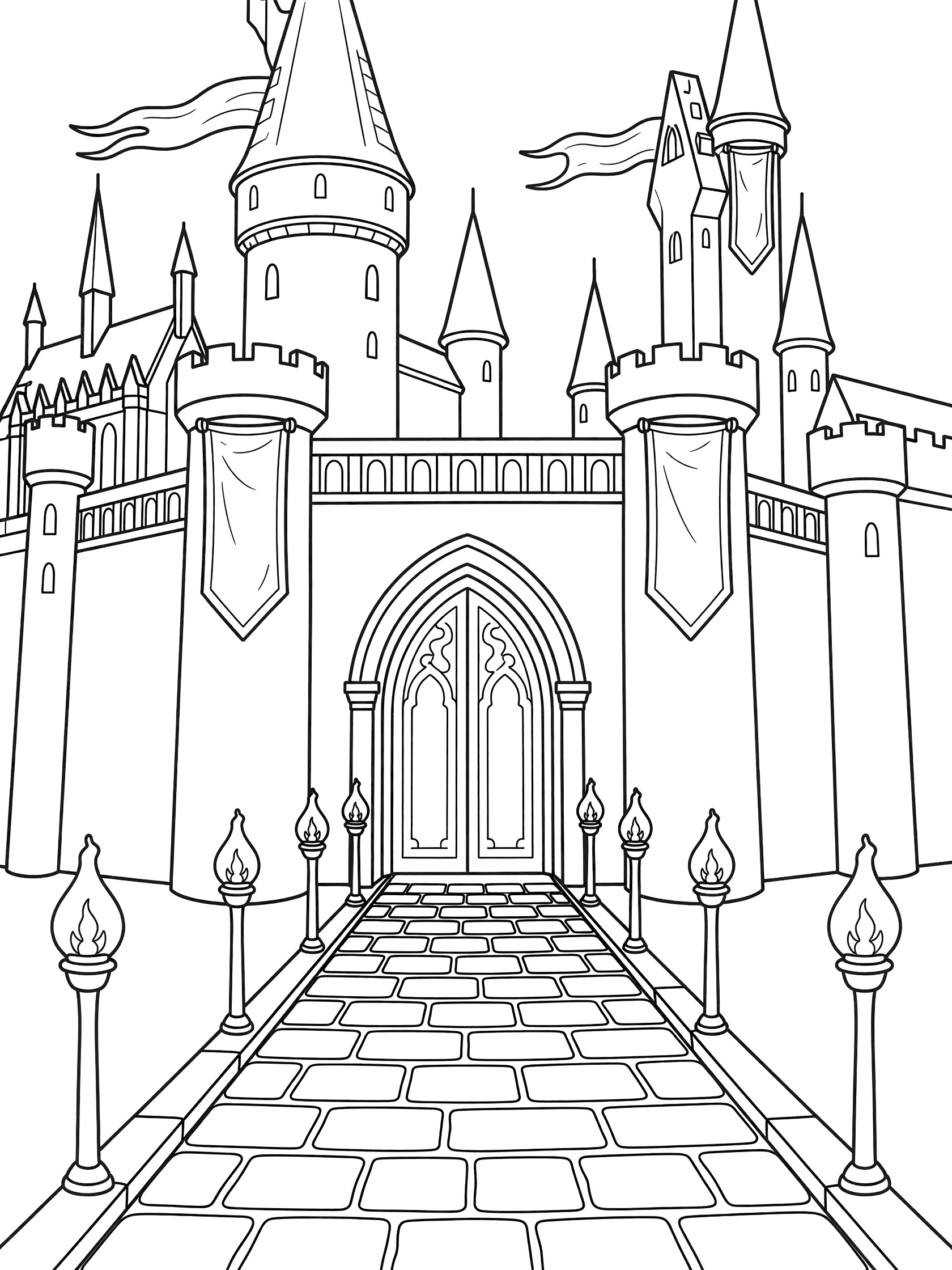 Black and white line art coloring page showing a large castle front with tall pointy towers waving flags arched entrance double doors stone path and torch lamps on poles. Wizard School themed black and white printable line art