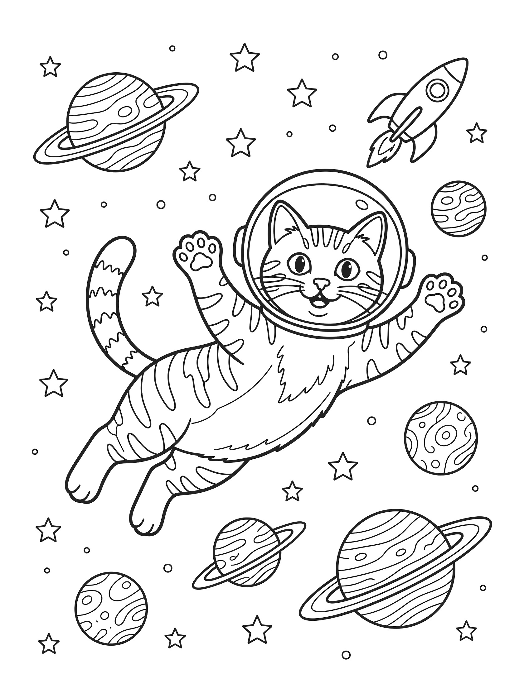 Black and white line art of a tabby cat astronaut in a helmet, paws waving, surrounded by stars, planets, and a rocket in space. Coloring book style. Tabby Cats themed black and white printable line art