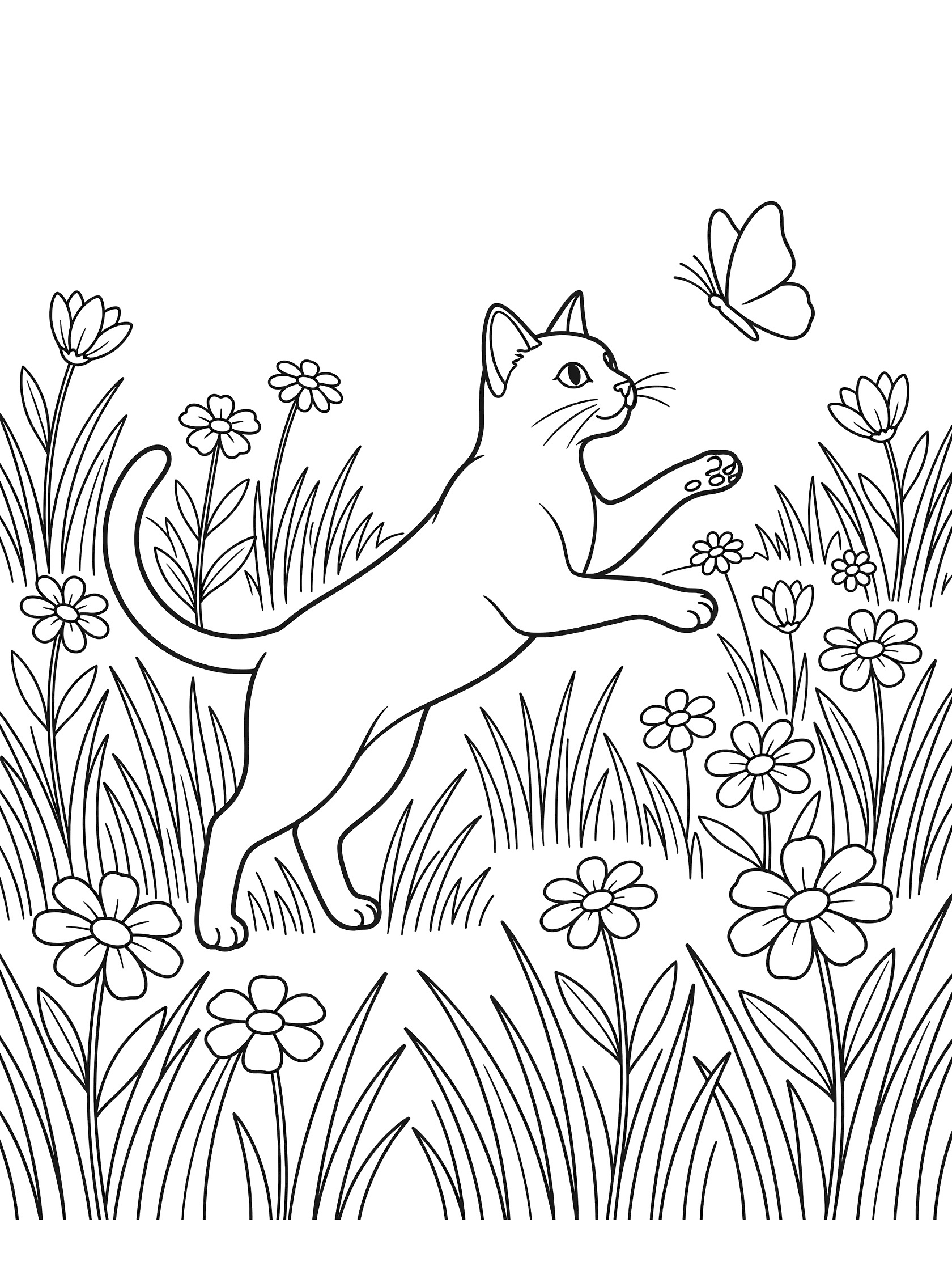 Black and white line art coloring page showing a cat jumping to catch a butterfly surrounded by flowers and tall grass. Siamese Cats themed black and white printable line art