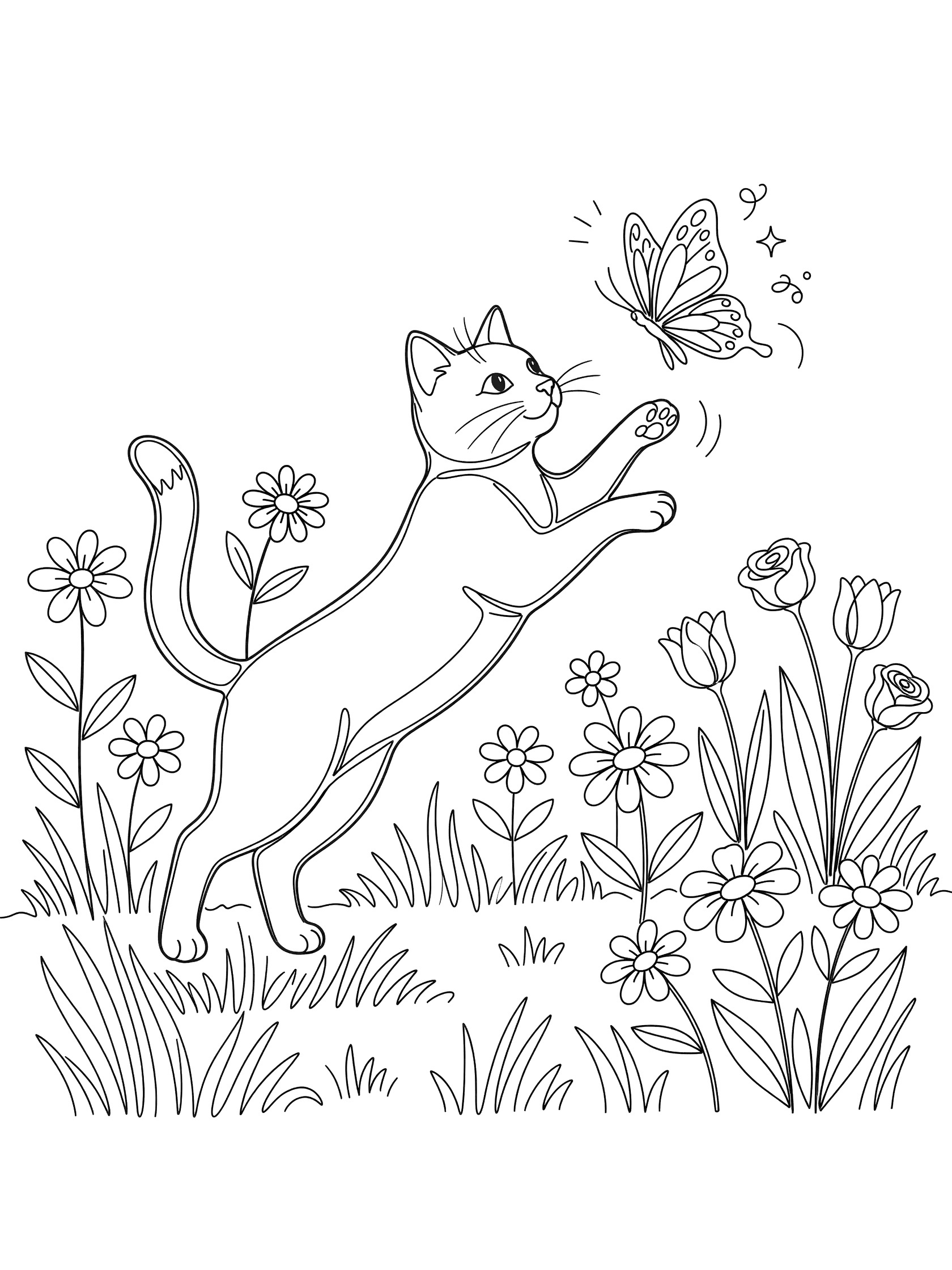 Black and white line art of a domestic cat jumping after a butterfly amid flowers and grass in a garden, printable coloring page.