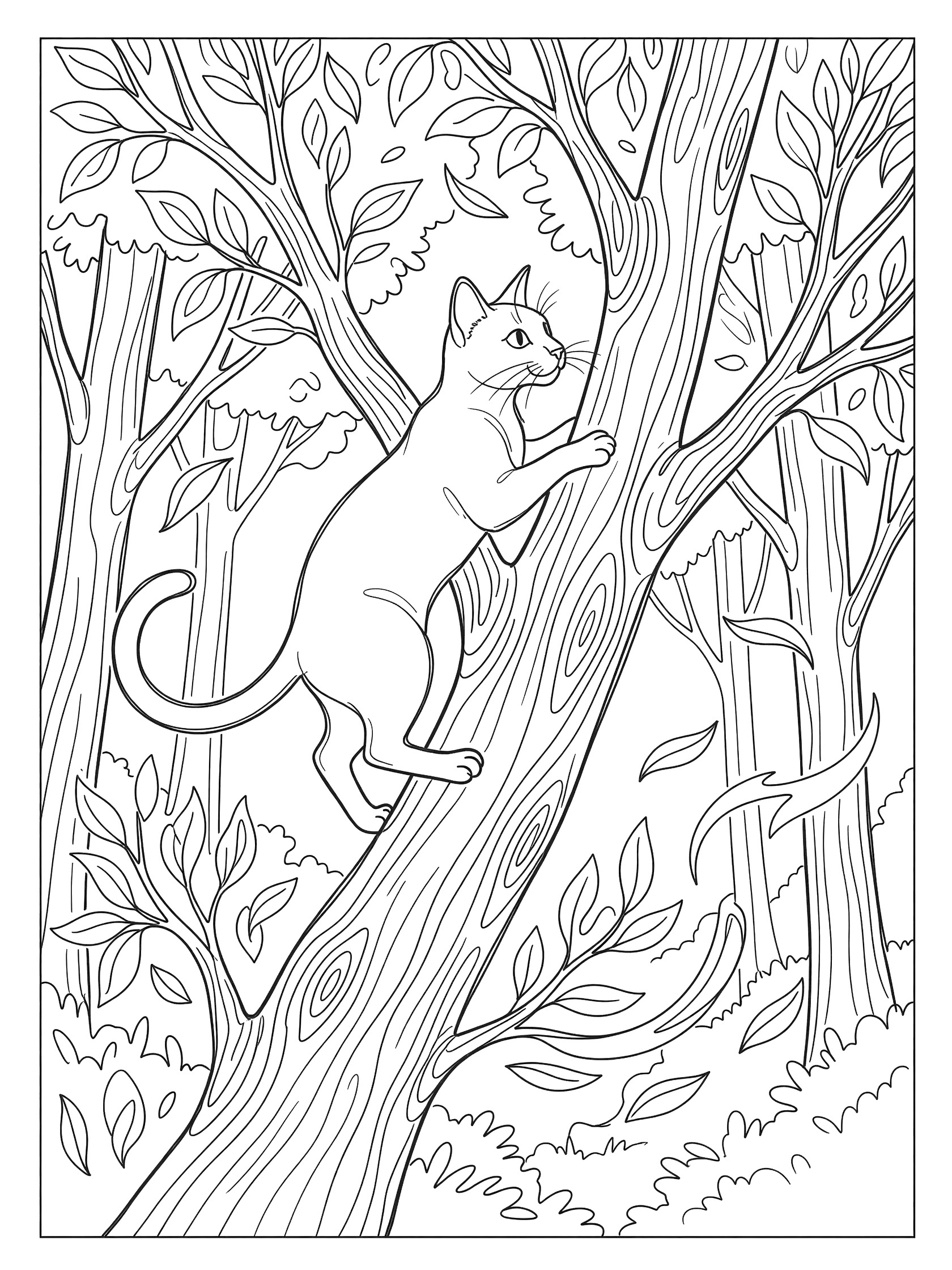 Black and white line art of a cat climbing up a tree trunk surrounded by forest branches and leaves, printable coloring page. Siamese Cats themed black and white printable line art