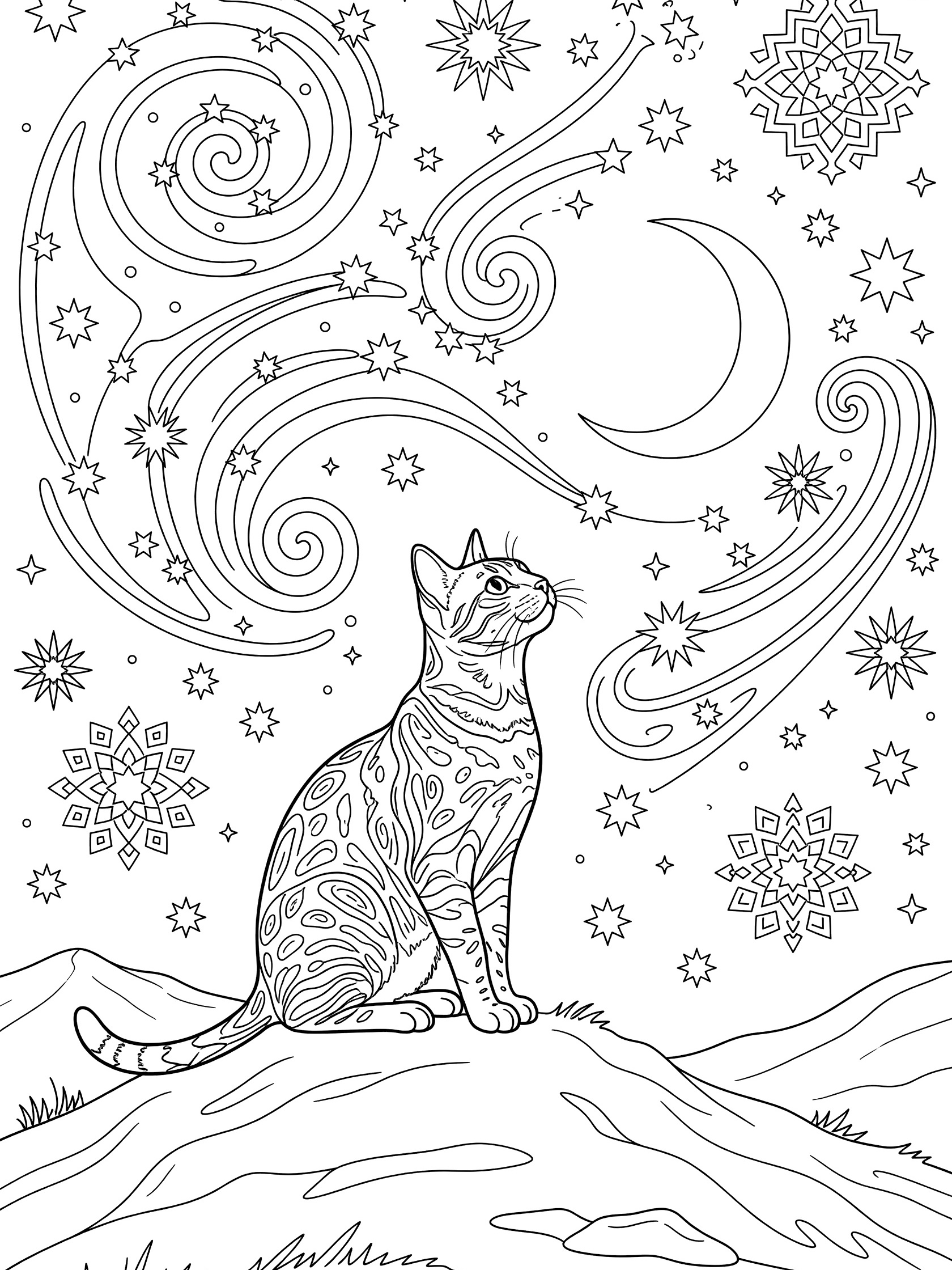 Black and white line art coloring page showing a detailed cat with spotted fur sitting on a hilltop, gazing at a night sky filled with stars, swirling patterns, geometric stars, and a crescent moon. Bengal Cats themed black and white printable line art