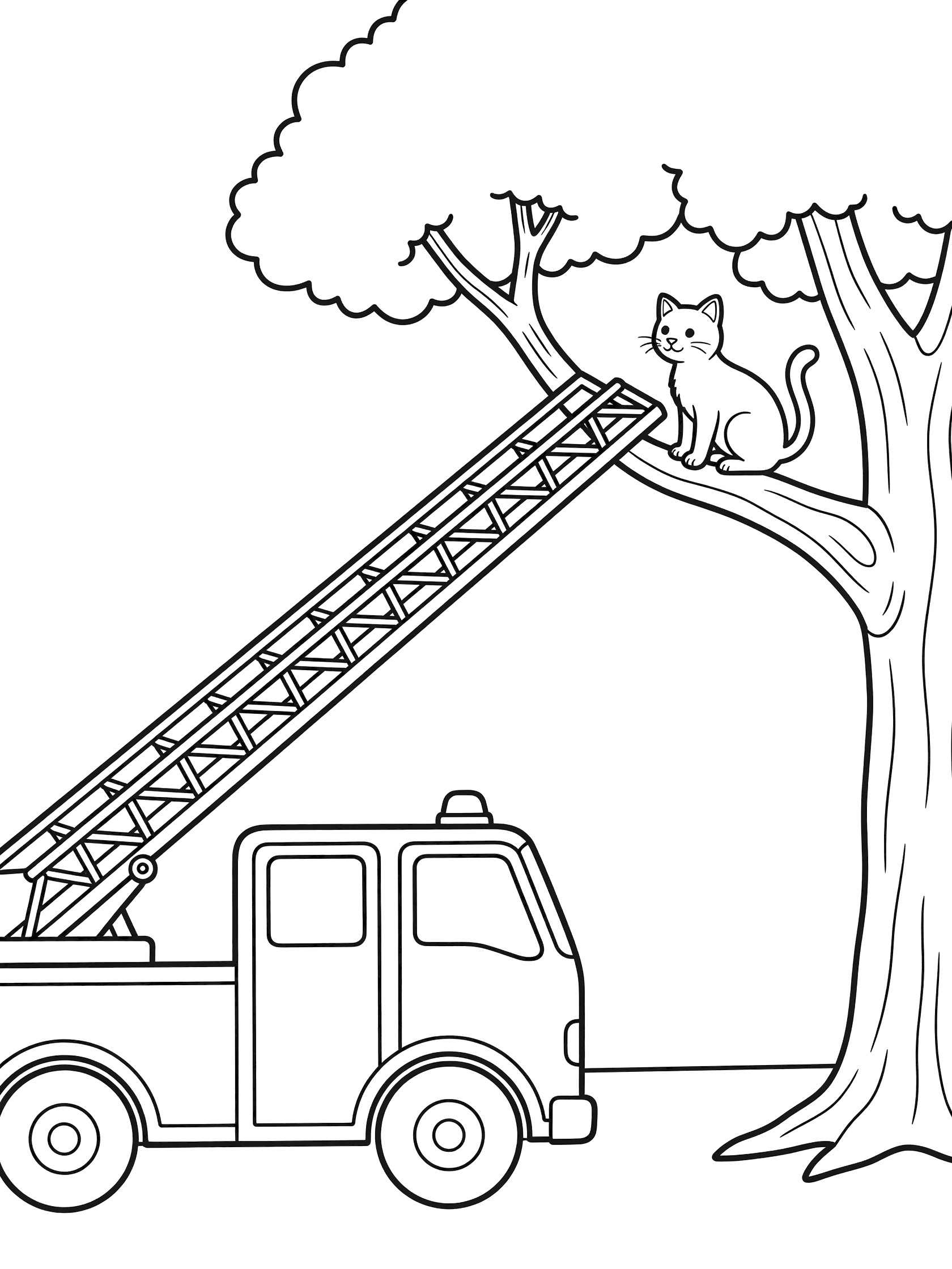 Black and white line art coloring page showing a fire truck with extended ladder reaching up to a cat on a tree branch