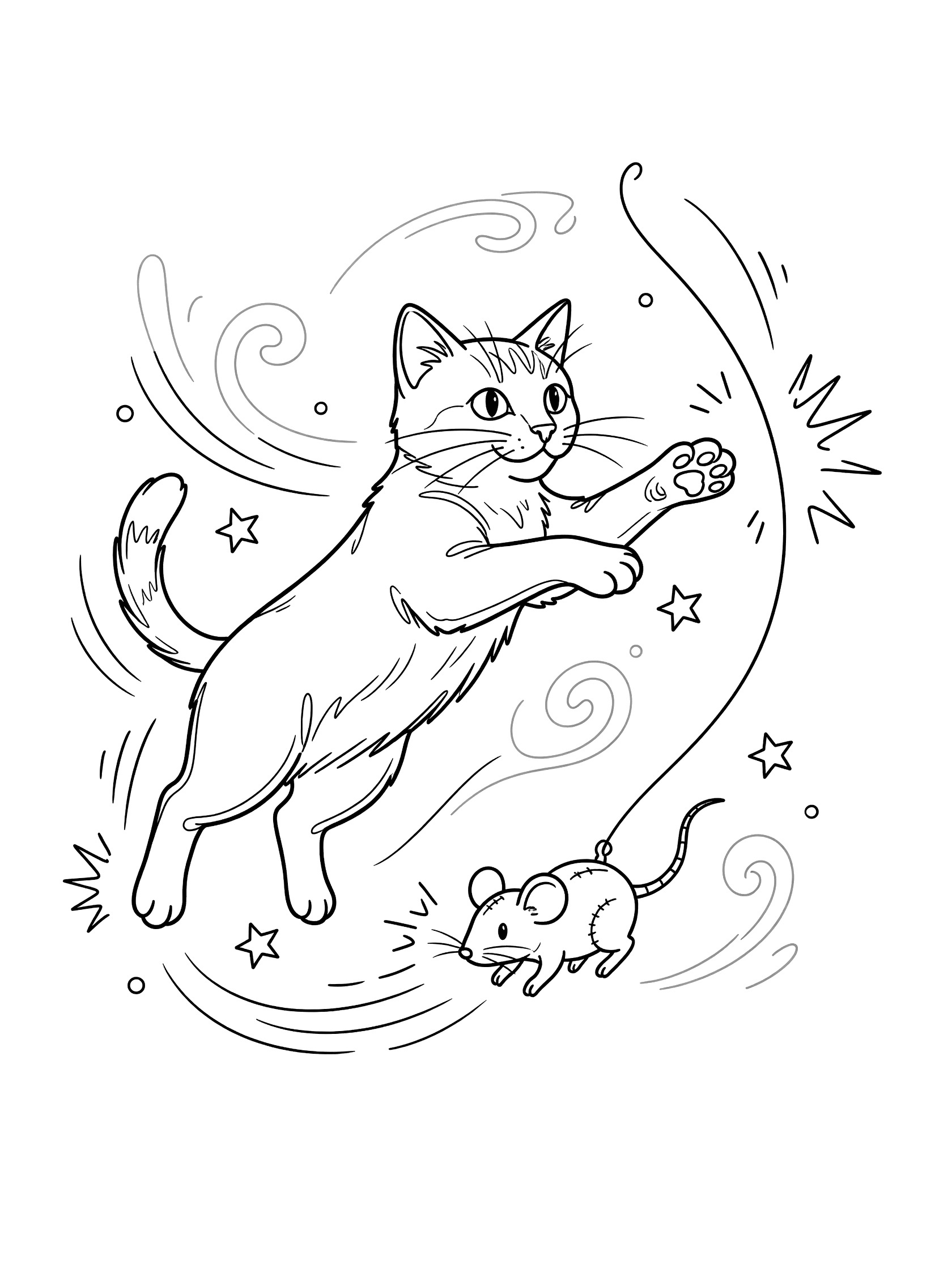 Printable coloring page showing a domestic cat in mid-jump reaching for a toy mouse with string, surrounded by motion stars and swirls, clean line art.