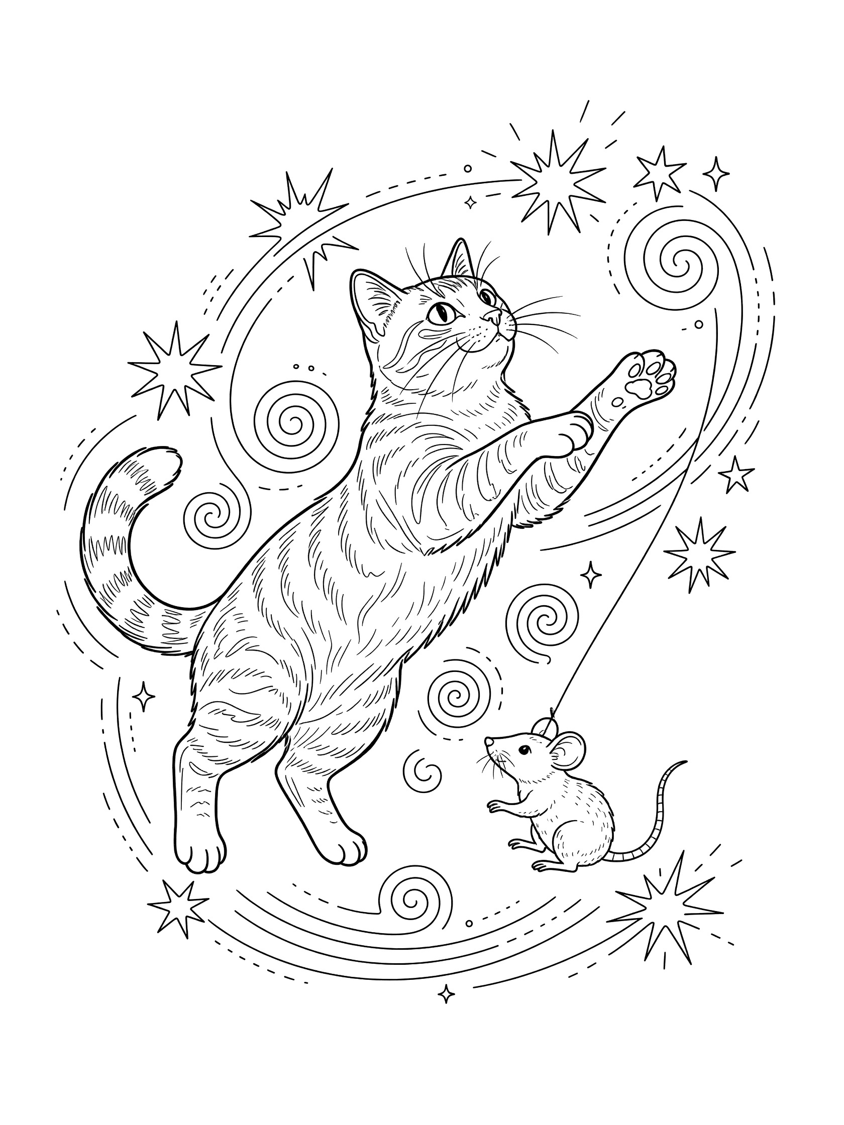 Black and white line art coloring page featuring a domestic cat jumping dynamically with twisted body and outstretched paws to catch a toy mouse on a string, surrounded by motion stars and swirls.