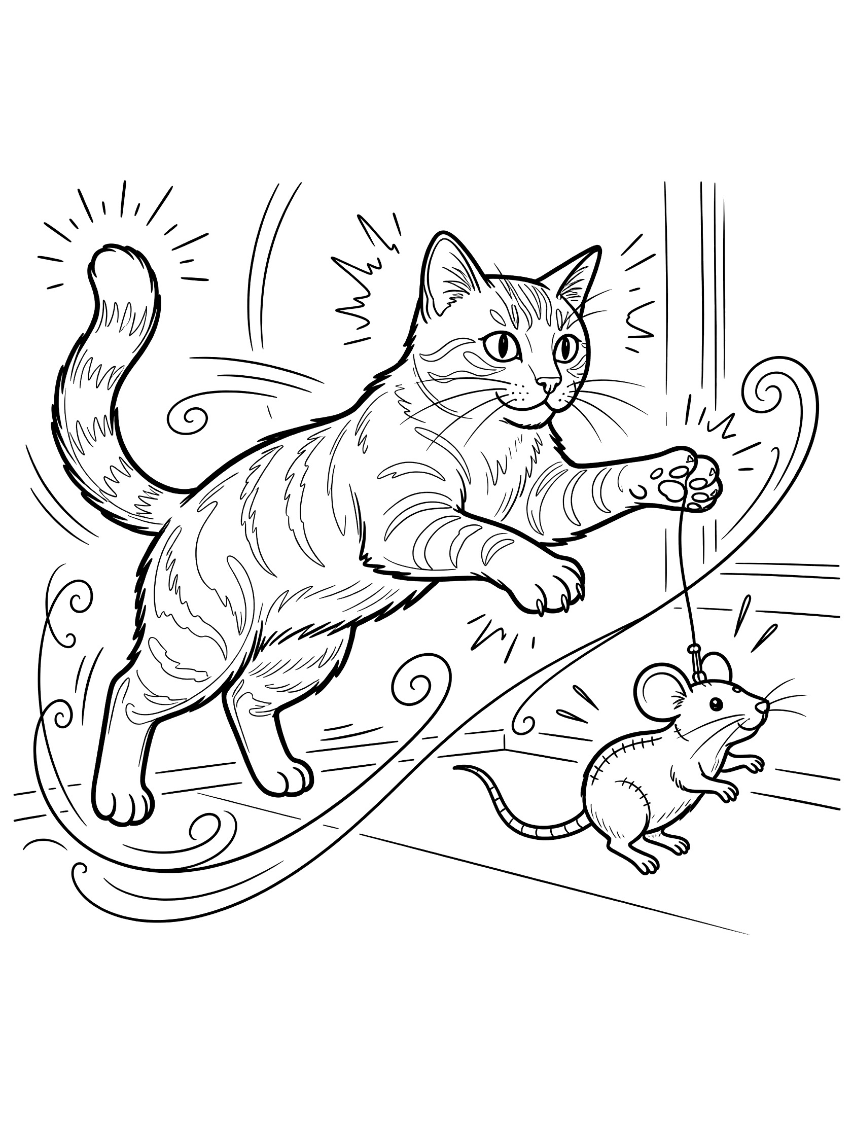 Black and white line art of a tabby domestic cat jumping dynamically to catch a toy mouse on a string, with whimsical stars and swirls showing motion.