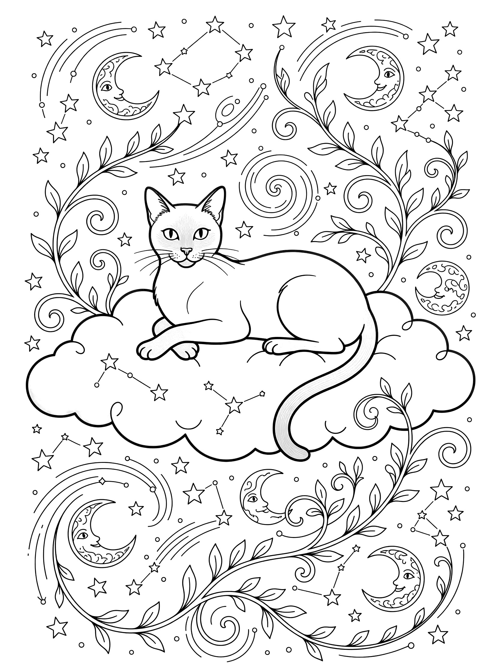 Black and white line art coloring page of a cat lying on a cloud with stars, moons, and curly vines in a night sky. Siamese Cats themed black and white printable line art