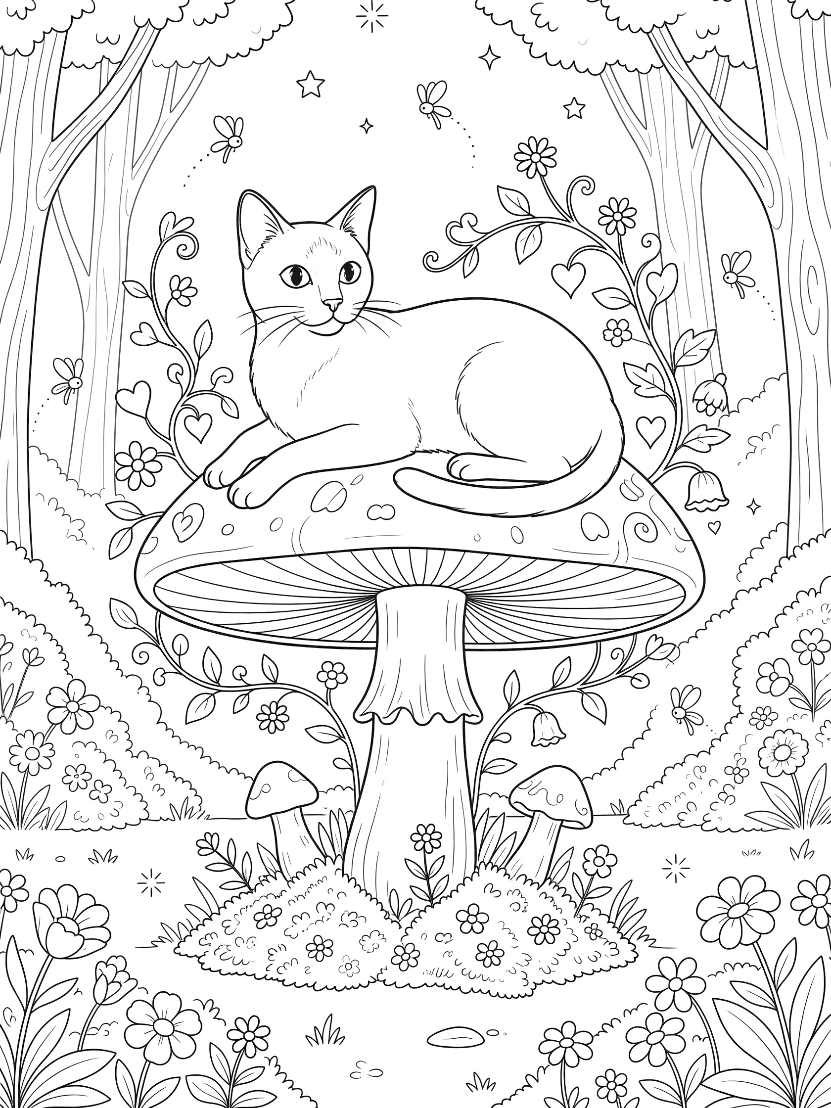 Black and white line art coloring page of a slender cat lying on a large mushroom surrounded by forest trees, stars, fireflies, vines, flowers and smaller mushrooms. Siamese Cats themed black and white printable line art
