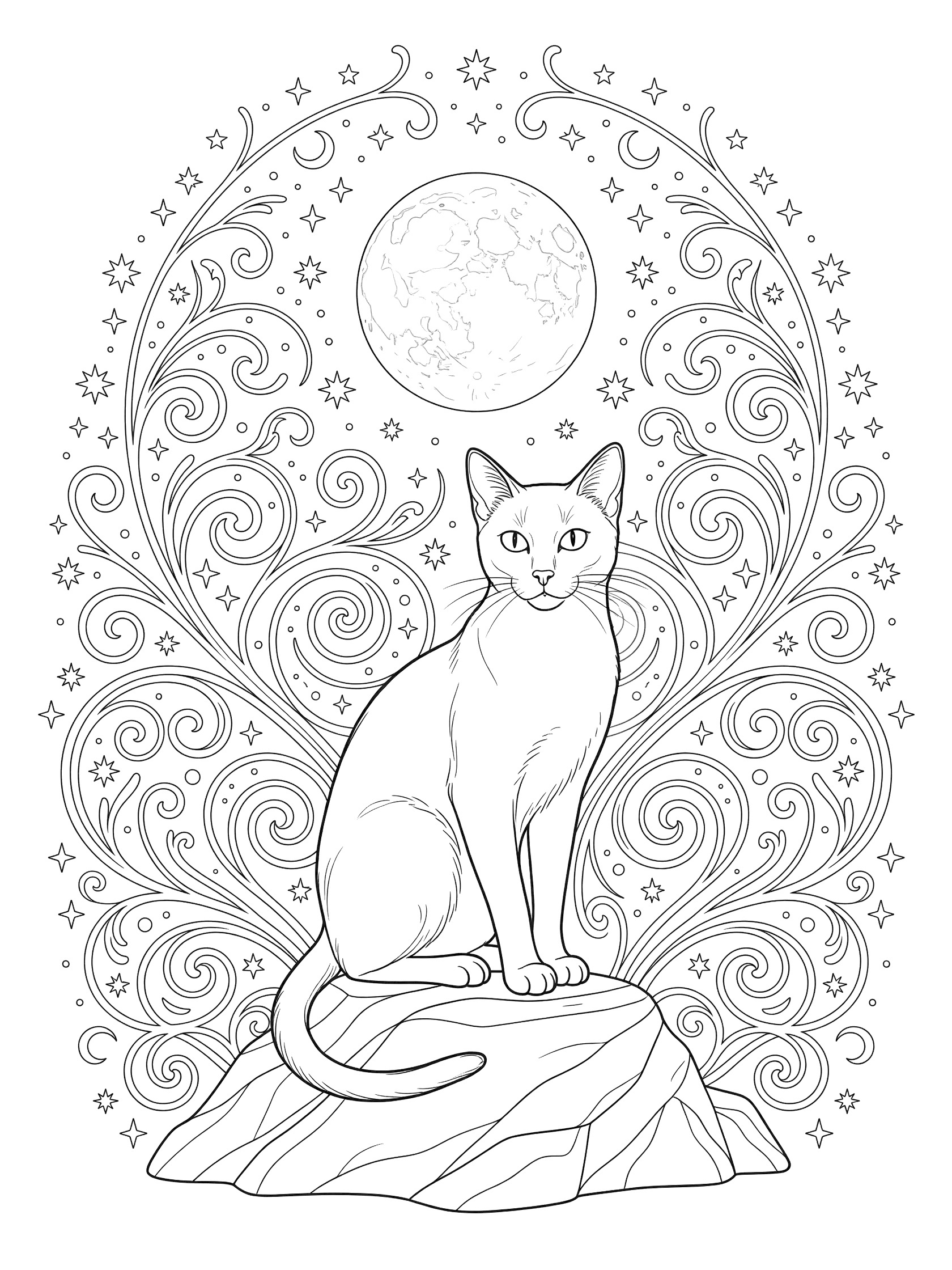 Black and white line art of a Siamese cat sitting on a rock with a full moon, stars, and swirling vine patterns in a mandala style. Siamese Cats themed black and white printable line art