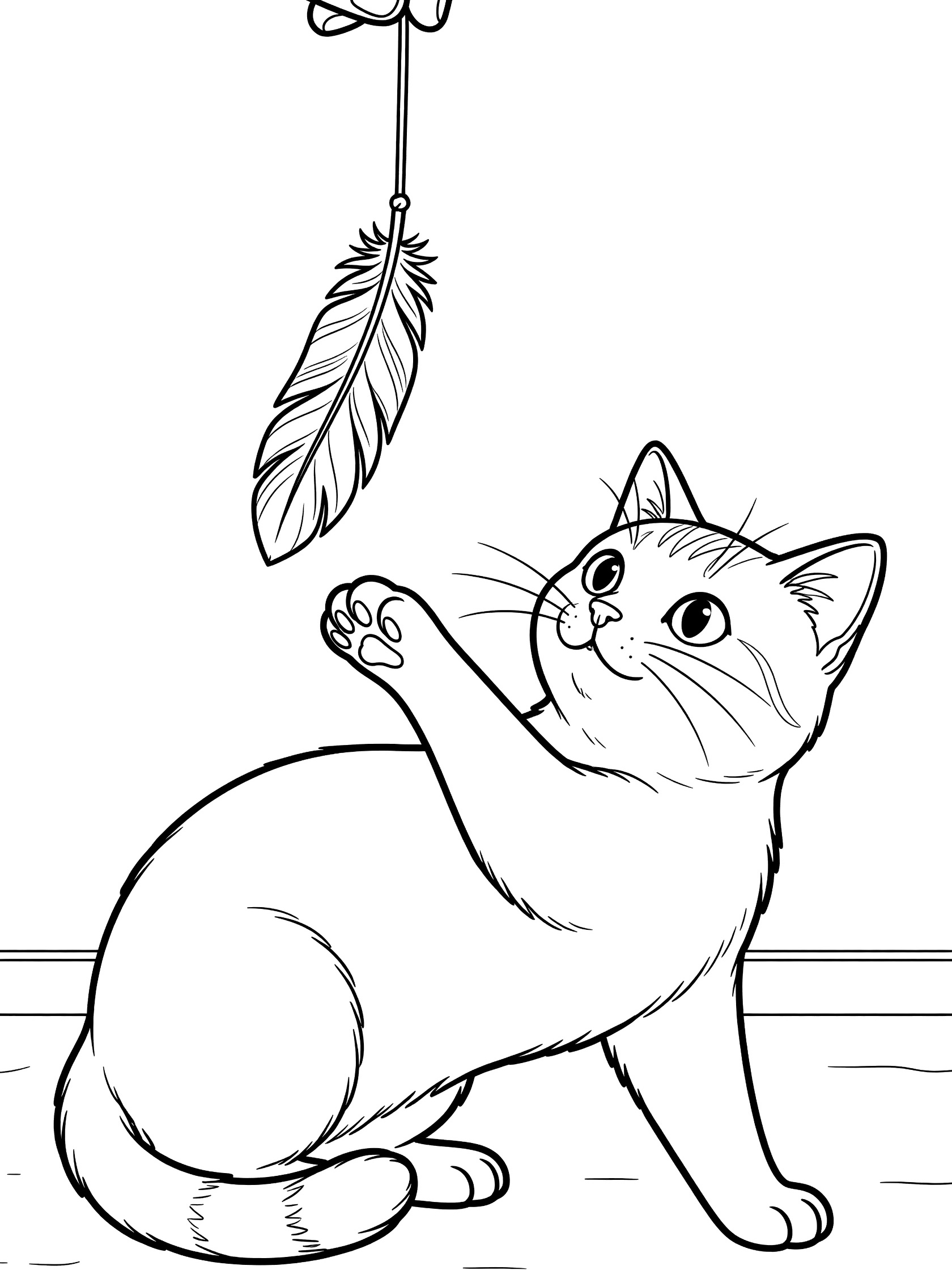 Printable coloring page showing a cute domestic cat with arched back, focused eyes, paw swatting a dangling feather toy on string, black and white line art.